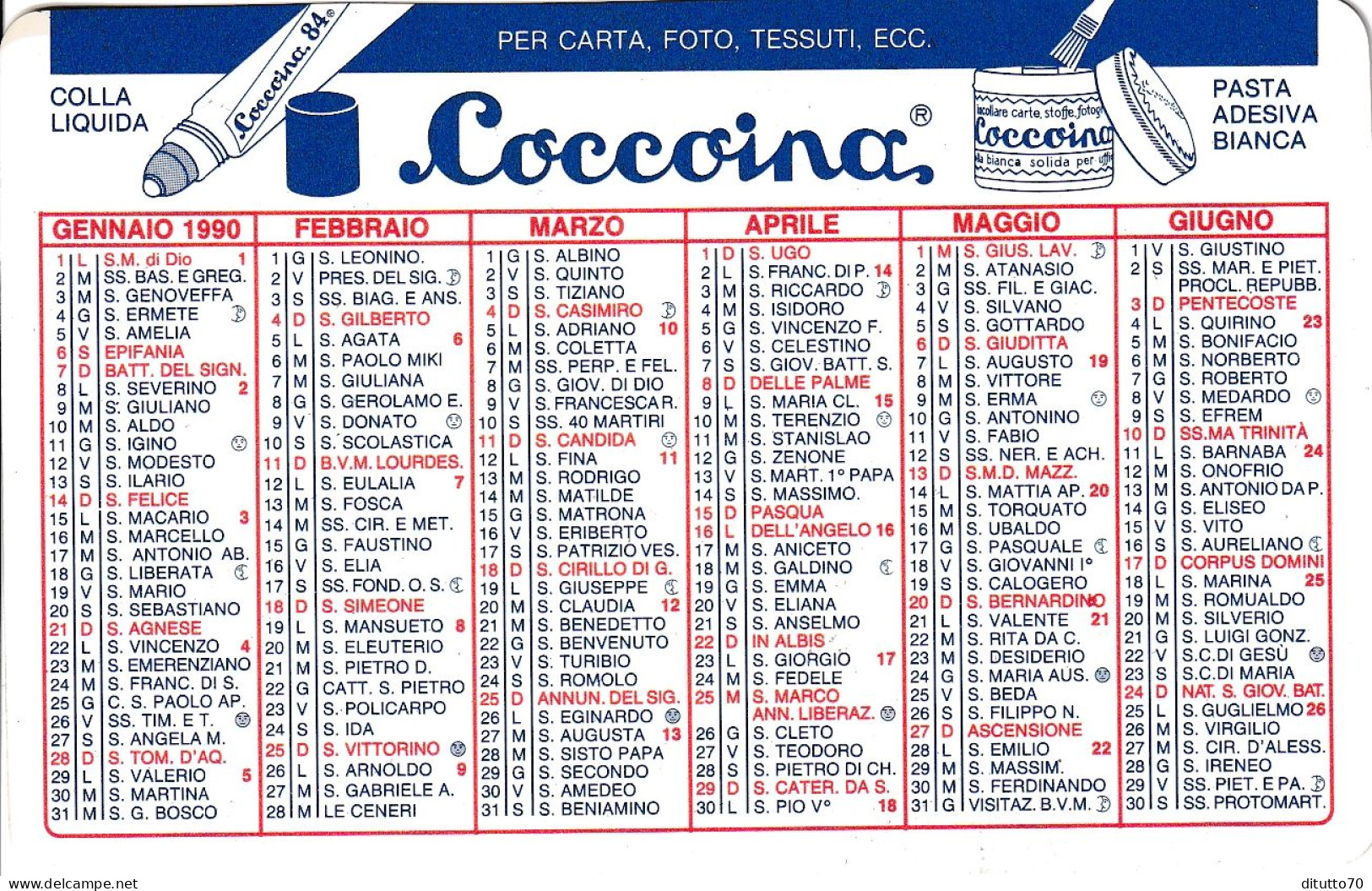 Calendarietto - Coccoino - Zenith - Anno 1990 - Formato Piccolo : 1981-90