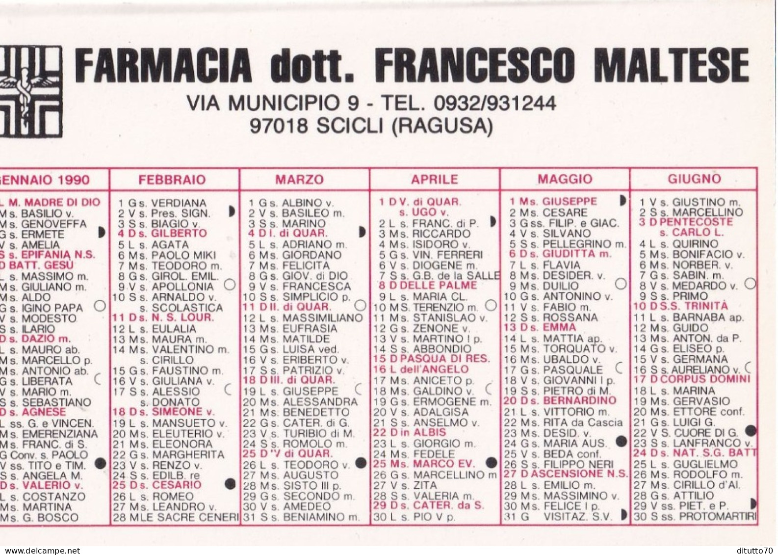 Calendarietto - Farmacia - Dott. Francesco Maltese - Scicli - Ragusa - Anno 1990 - Small : 1981-90