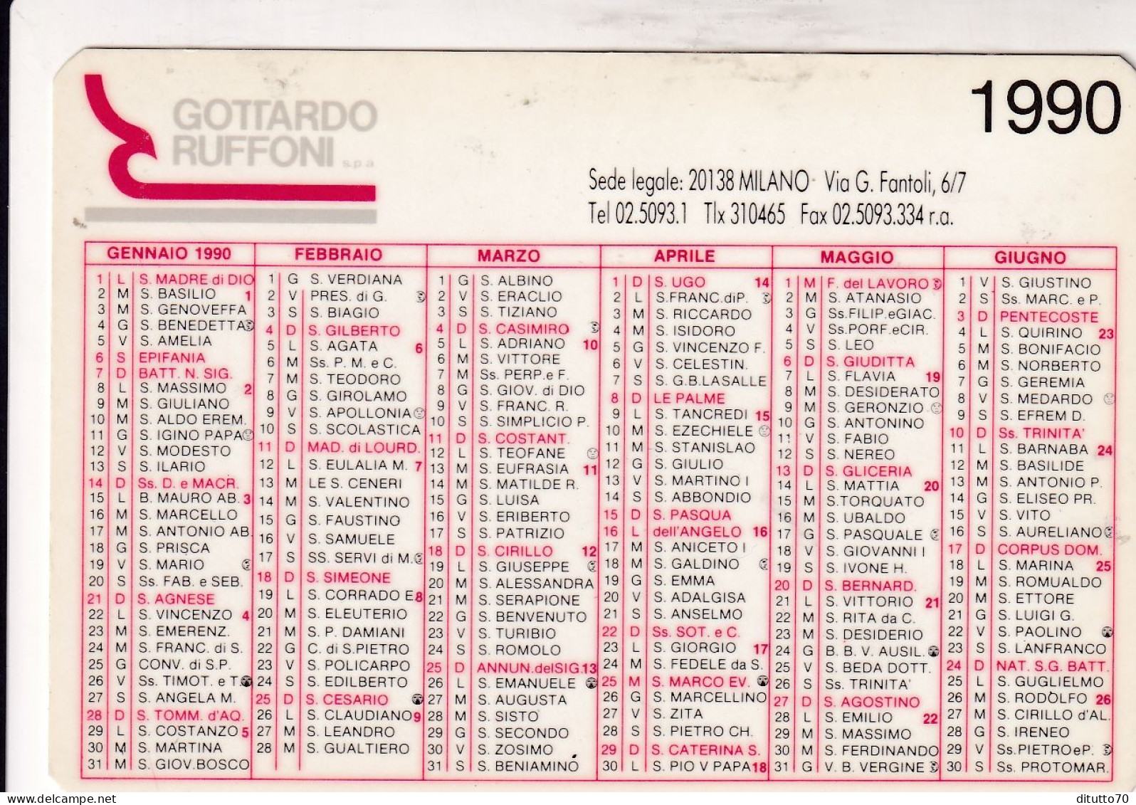 Calendarietto - GOTTARDO Ruffoni - Milano - Anno 1990 - Petit Format : 1981-90