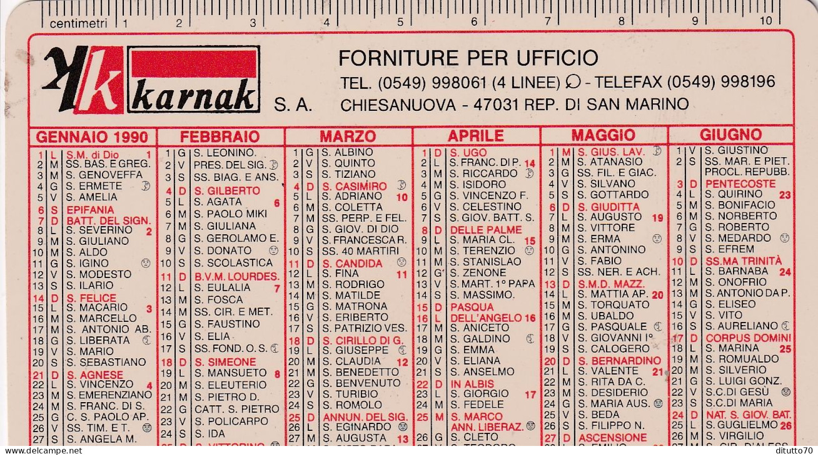 Calendarietto - KARNAK - Chiesanuova - Repubblica San Marino - Anno 1990 - Klein Formaat: 1981-90