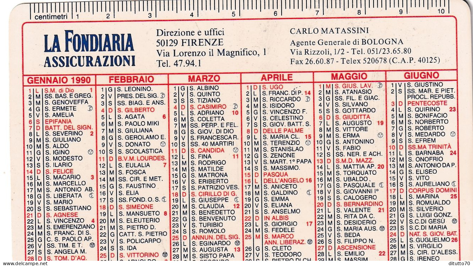 Calendarietto - LA FONDIARIA - Assicurazioni - Firenze - Bologna - Anno 1990 - Tamaño Pequeño : 1981-90