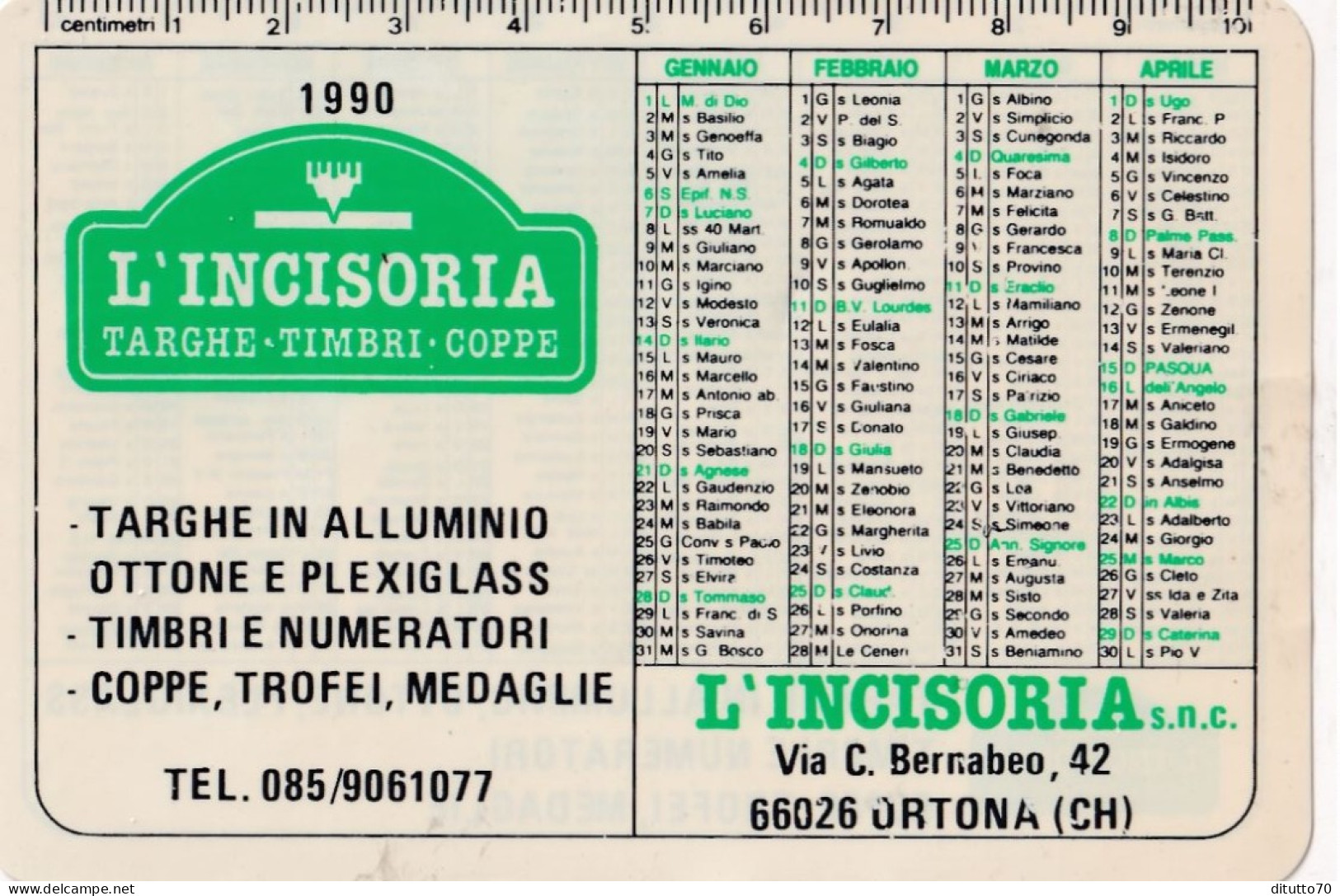 Calendarietto - L'INCISORIA - Ortona - Chieti - Anno 1990 - Petit Format : 1981-90