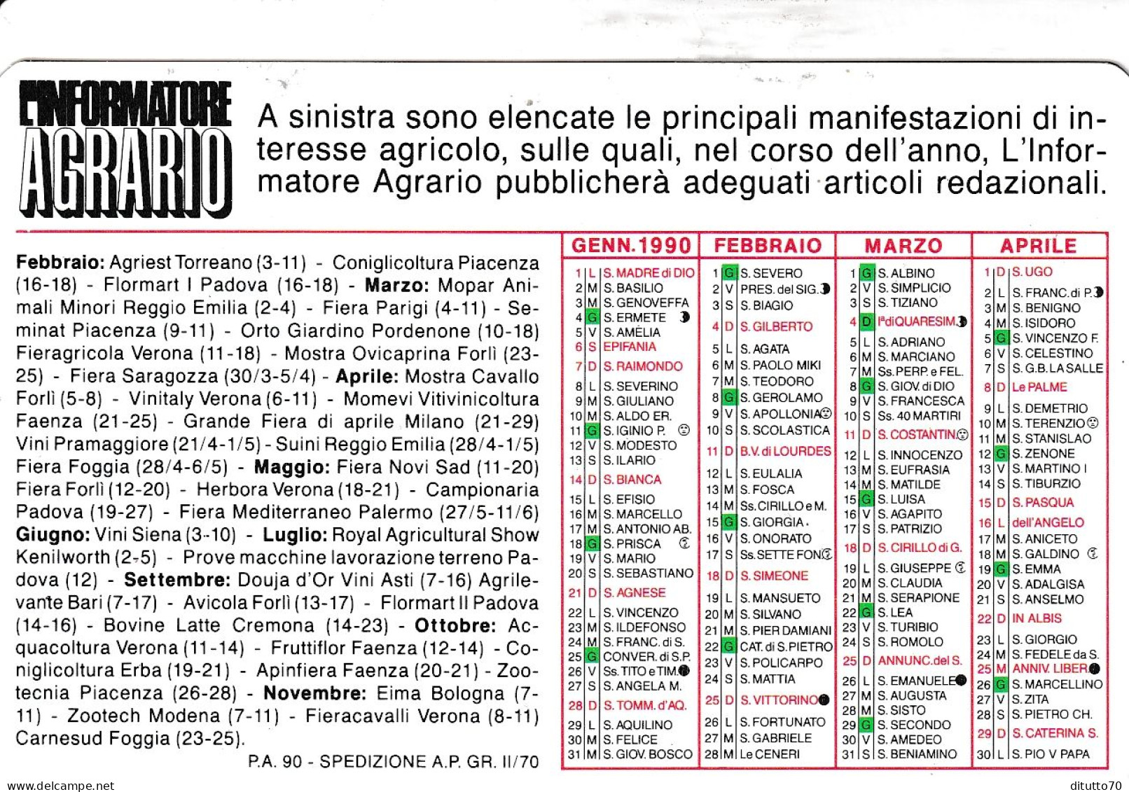 Calendarietto - L'informatore Agrario - Anno 1990 - Small : 1981-90