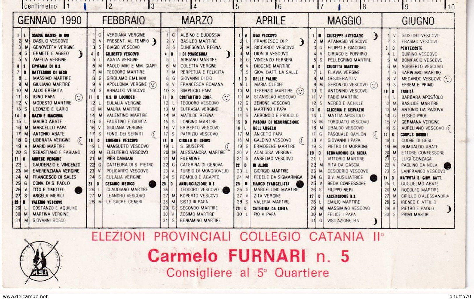 Calendarietto - M.S.I. Elezioni Provinciali Collegio - Catania II - Anno 1990 - Petit Format : 1981-90