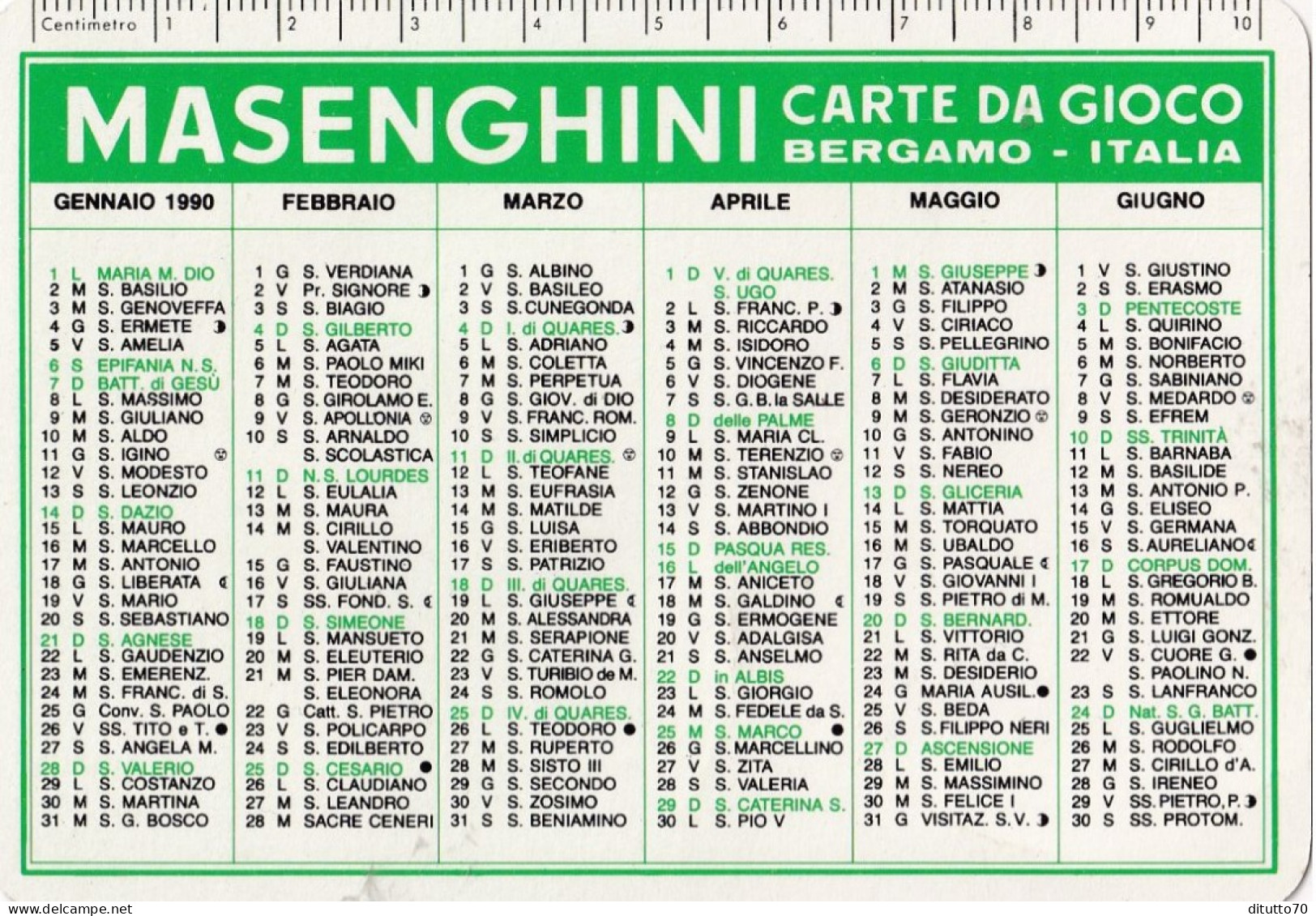 Calendarietto - MASENGHINI - Carte Da Gioco - Bergamo - Anno 1990 - Kleinformat : 1981-90