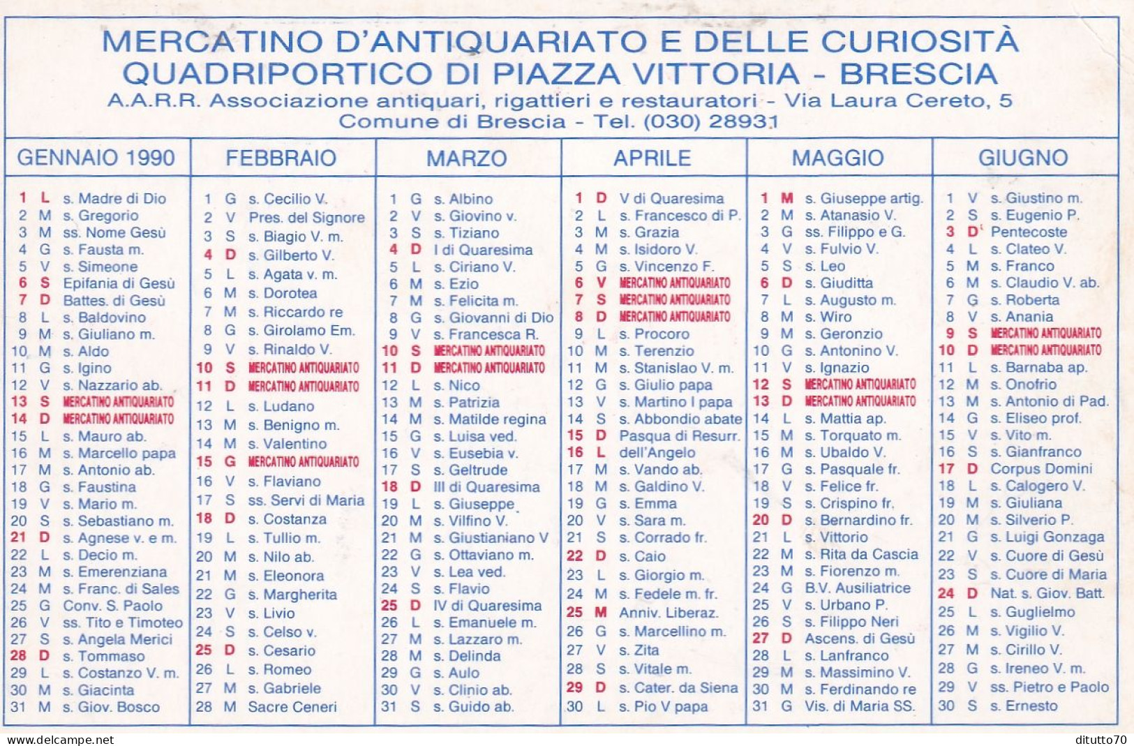 Calendarietto - Mercatico D'antiquariato E Delle Curiosità - Brescia - Anno 1990 - Tamaño Pequeño : 1981-90
