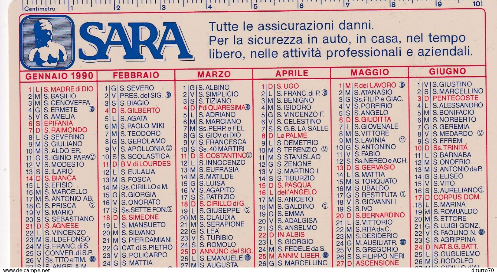 Calendarietto - SARA - Assicurazioni - Anno 1990 - Small : 1981-90