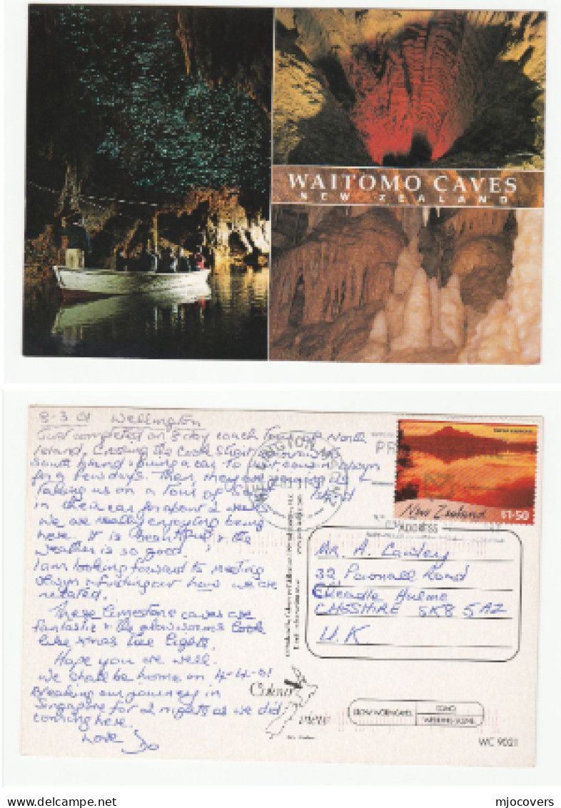 WAITOMO CAVES Postcard NEW ZEALAND Tairua Harbour Stamps Cover To GB Stalactite Stalagmite Minerals 2001 - Cartas & Documentos