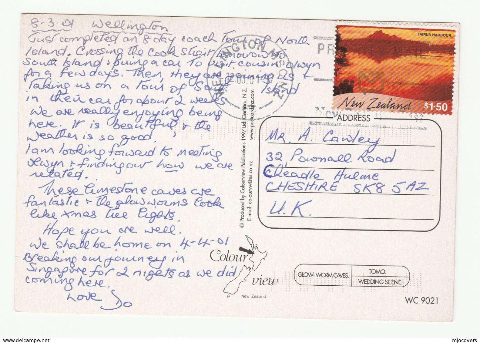 WAITOMO CAVES Postcard NEW ZEALAND Tairua Harbour Stamps Cover To GB Stalactite Stalagmite Minerals 2001 - Lettres & Documents