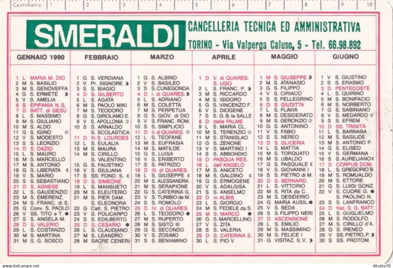 Calendarietto - SMERALDI - Torino - Anno 1990 - Formato Piccolo : 1981-90