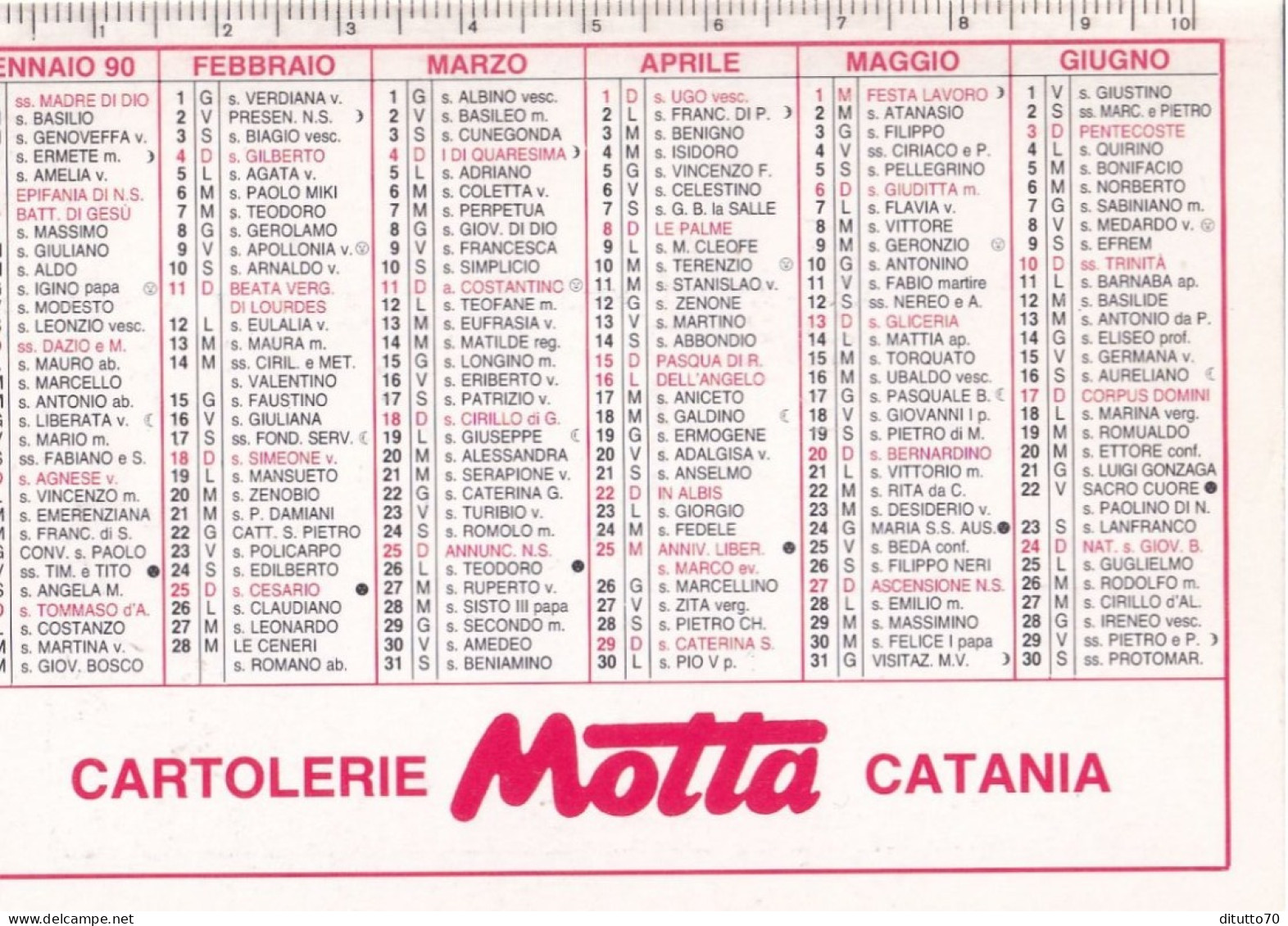 Calendarietto - Cartoleria MOTTA - Catania - Anno 1990 - Formato Piccolo : 1981-90