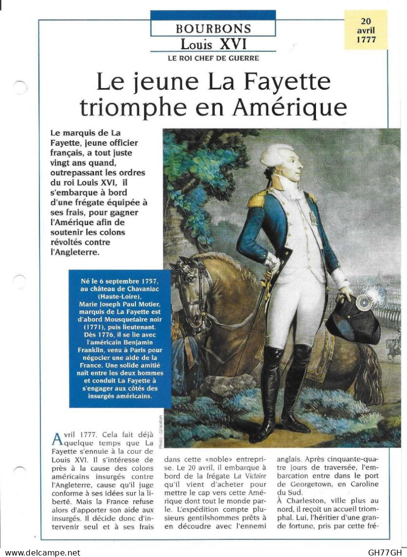 FICHE ATLAS: LE JEUNE LA FAYETTE TRIOMPHE EN AMERIQUE -BOURBONS - Historia