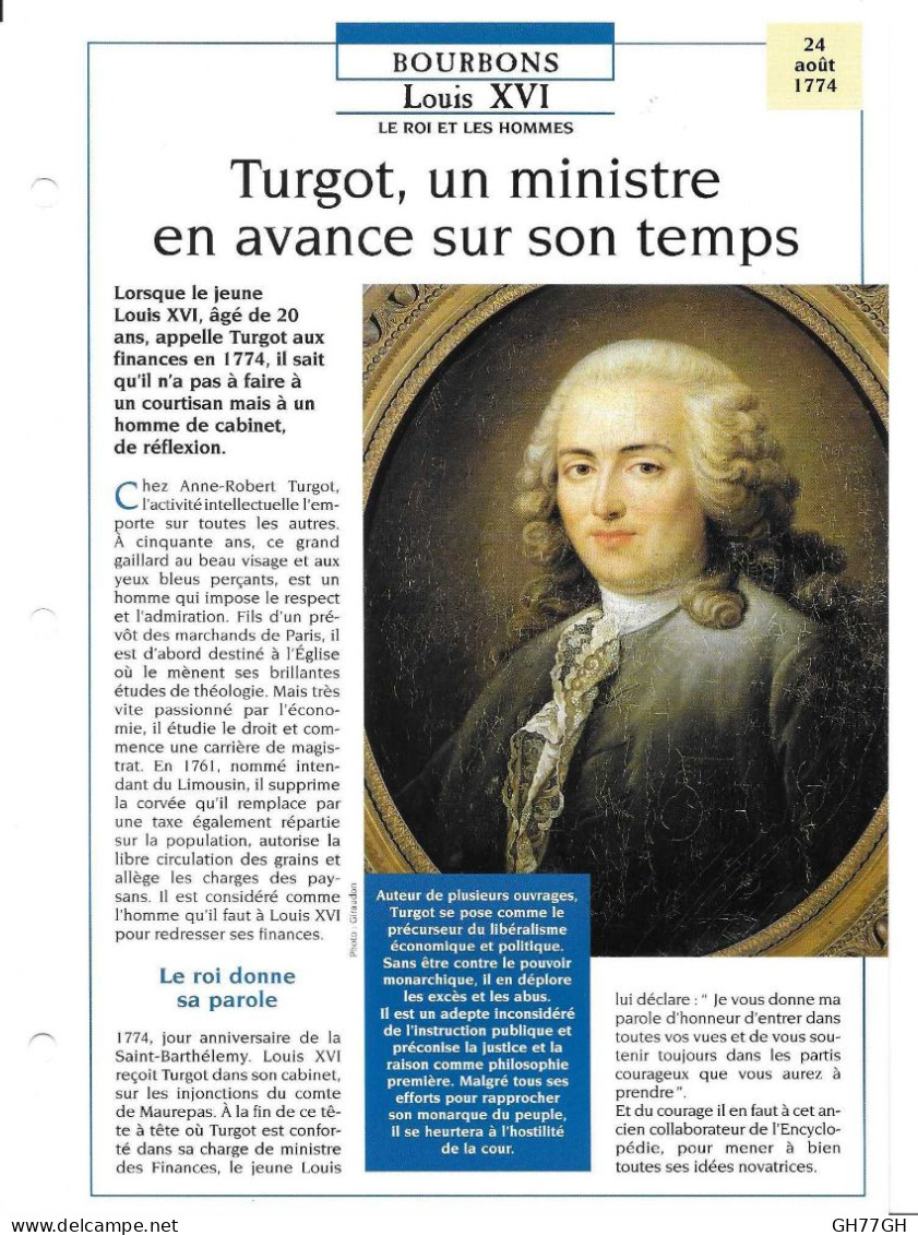 FICHE ATLAS: TURGOT UN MINISTRE EN AVANCE SUR SON TEMPS -BOURBONS - Histoire