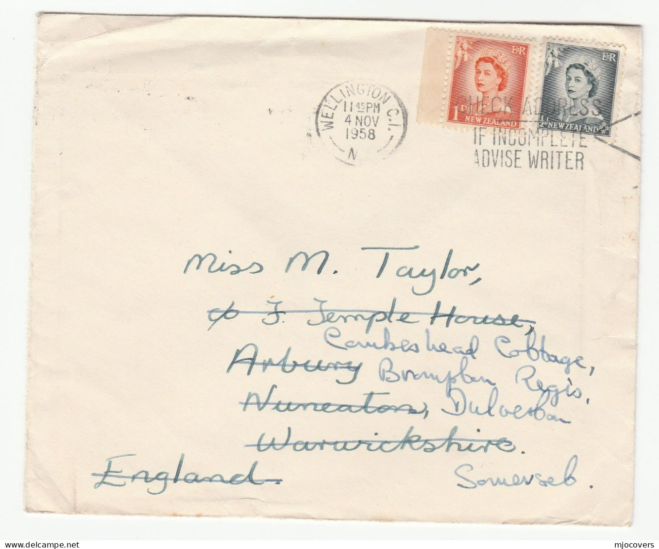 1958 NEW ZEALAND To Nuneaton GB Redirected Brompton Regis Dulverton Stamps Cover - Brieven En Documenten