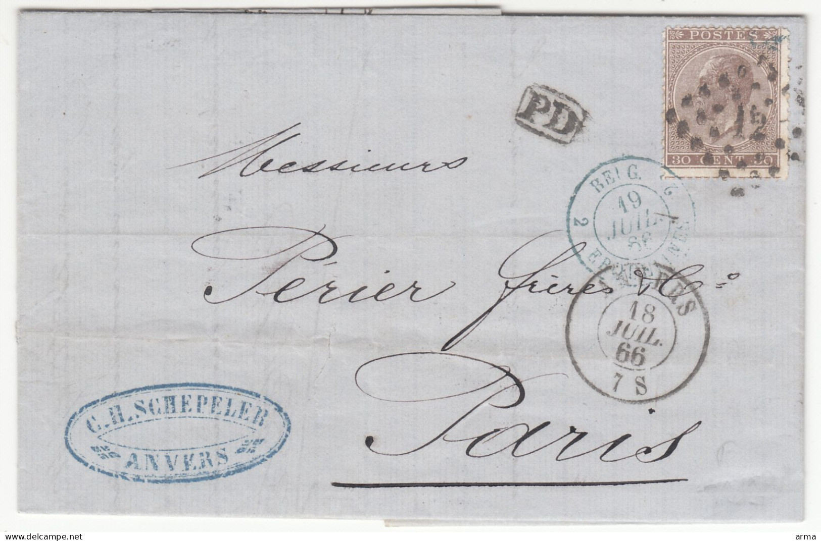 Anvers  20c Brun - Lettre  Pour Paris Via Erquelines 18 Juillet 1866 - 1865-1866 Perfil Izquierdo
