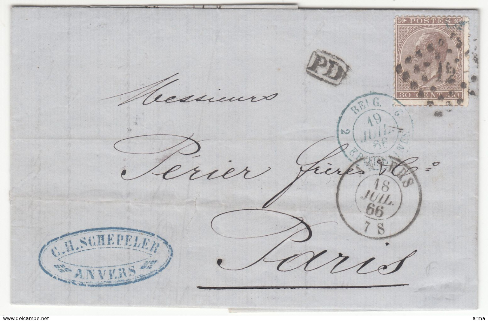 Anvers  20c Brun - Lettre  Pour Paris Via Erquelines 18 Juillet 1866 - 1865-1866 Profil Gauche