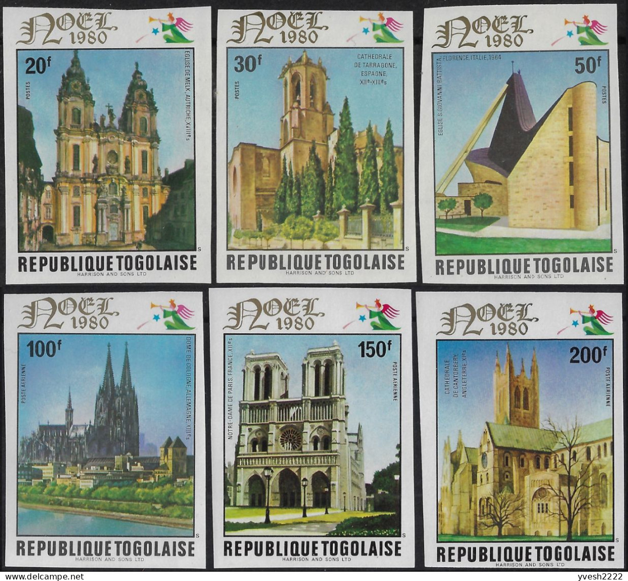 Togo 1980 Y&T 1008 à 1010 + PA 436 à 438 Non Dentelés. Église De Melk (A), Cathédrales De Tarragone (E), Cologne, Paris - Churches & Cathedrals