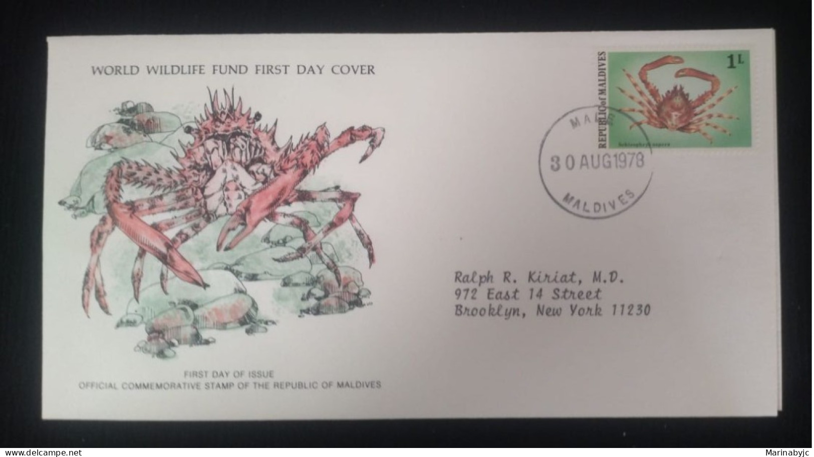 EL)1978 MALDIVES, WORLD WILDLIFE FUND, WWF, DECORATOR CRAB, CIRCULATED TO NEW YORK - USA, FDC - Malediven (1965-...)