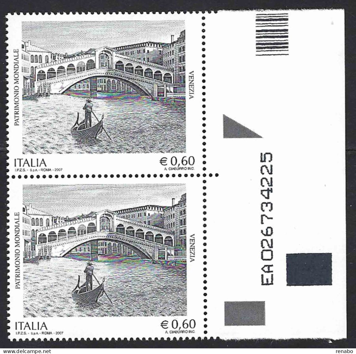 Italia 2007; Venezia Patrimonio Mondiale Dell’ UNESCO, Gondola: Coppia Con Codice Alfanumerico. - 2001-10:  Nuevos