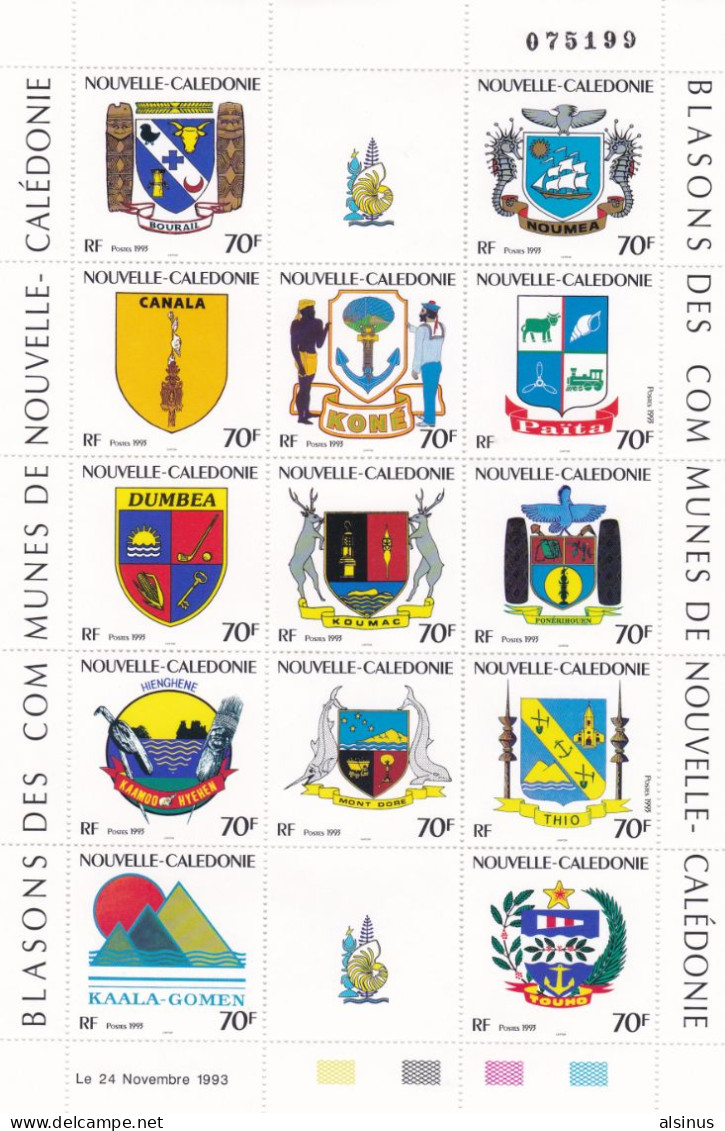 NOUVELLE CALEDONIE  1993 - BLASONS DES COMMUNES - N° 641 A 653 - FEUILLET AVEC 2 VIGNETTES SANS VALEUR  -GOMME D'ORIGINE - Unused Stamps