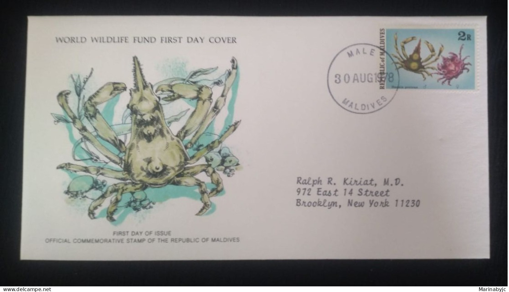 EL)1978 MALDIVES, WORLD WILDLIFE FUND, WWF, HUENIA PROTEUS CRAB, CIRCULATED TO NEW YORK - USA, FDC - Malediven (1965-...)