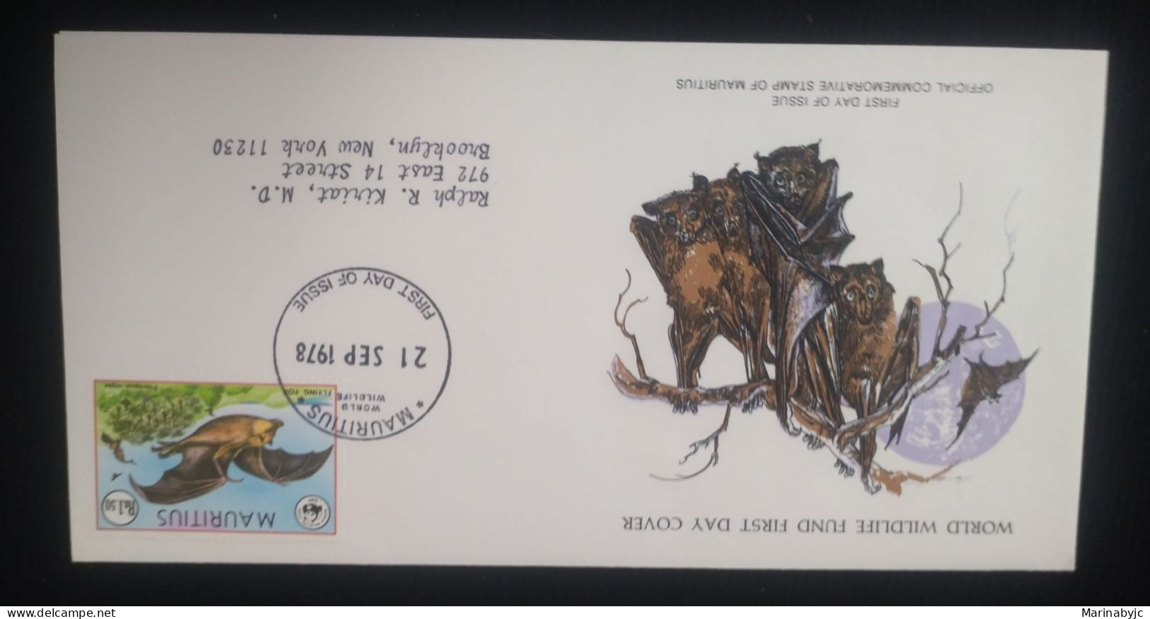 EL)1978 MAURITIUS, WORLD WILDLIFE FUND, WWF, MAURITIUS FRUIT BAT, CIRCULATED TO NEW YORK - USA, FDC - Mauricio (1968-...)