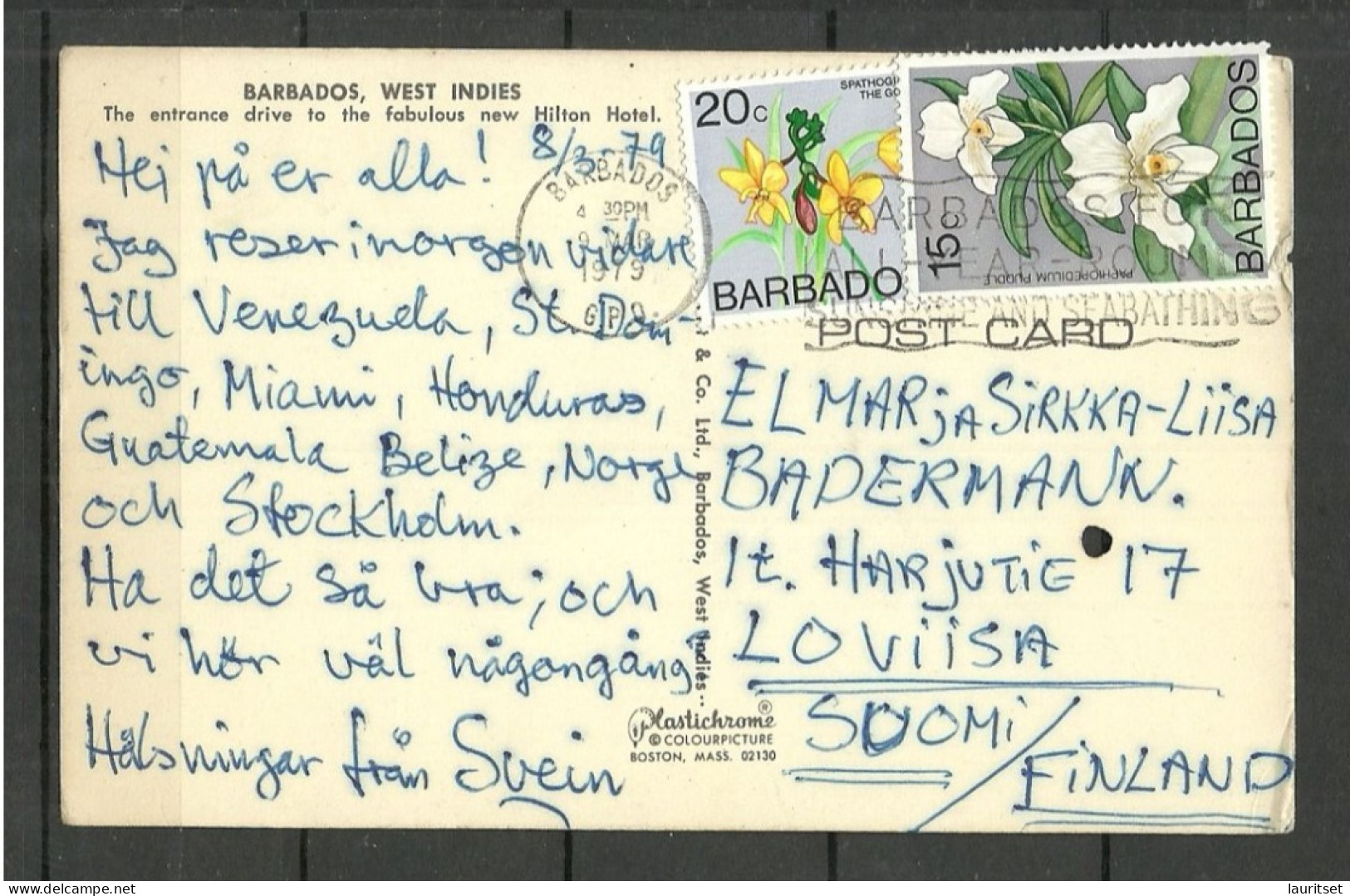 BARBADOS West Indies Hilton Hotel, Sent To Finland 1979. Rare Destination - Barbades