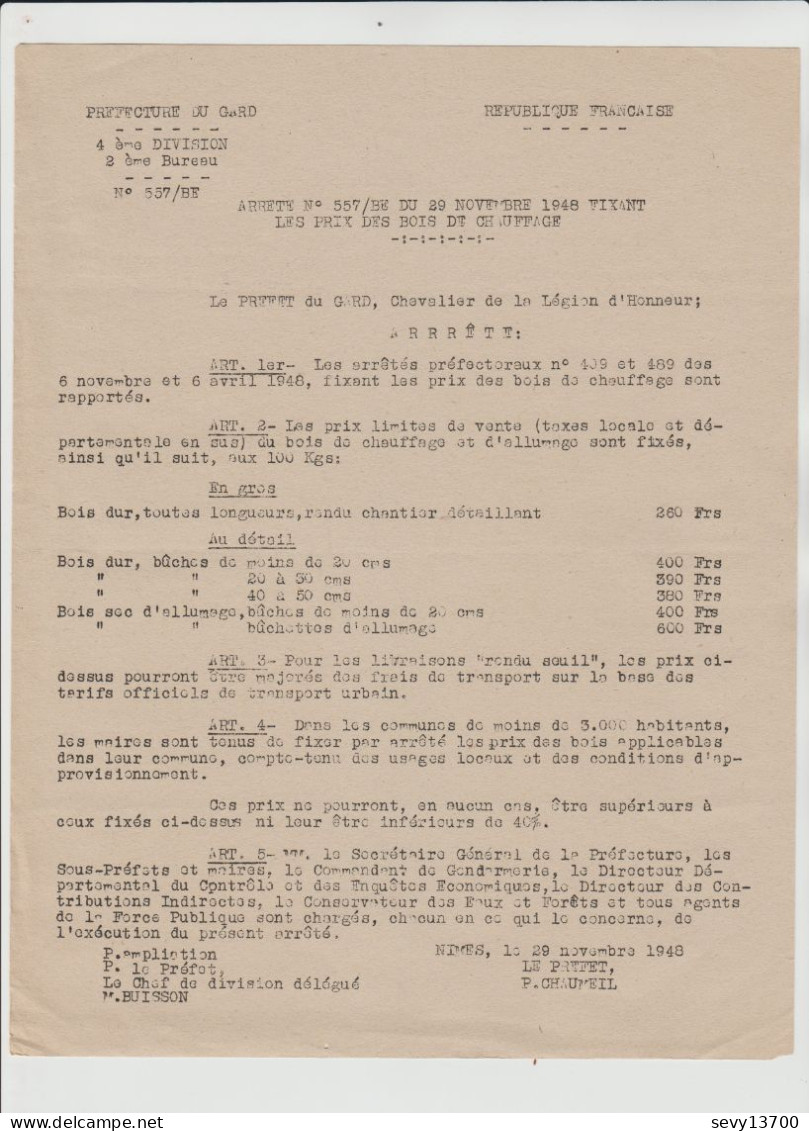 Arrêté Préfecture Du Gard Du 29.11.1948 Fixant Le Prix Limite De Vente Du Bois De Chauffage Et D'allumage - Décrets & Lois