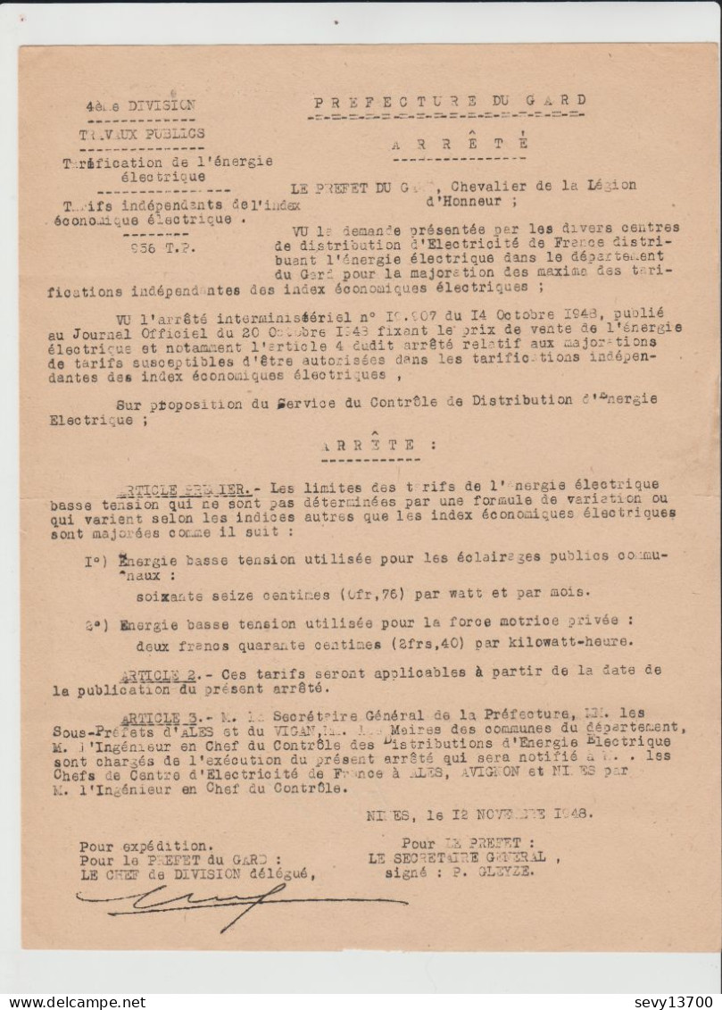Arrêté Préfecture Du Gard Du 12.11.1948 Fixant La Limite Des Tarifs De L'énergie électrique - Décrets & Lois