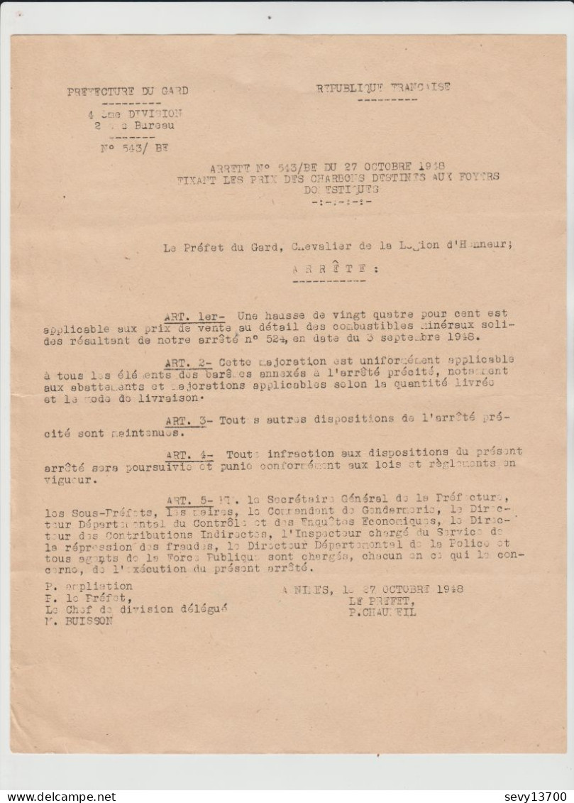 Arrêté Préfecture Du Gard Du 27.10.1948 Fixant La Hausse Des Combustibles Minéraux Solides De 24% - Décrets & Lois