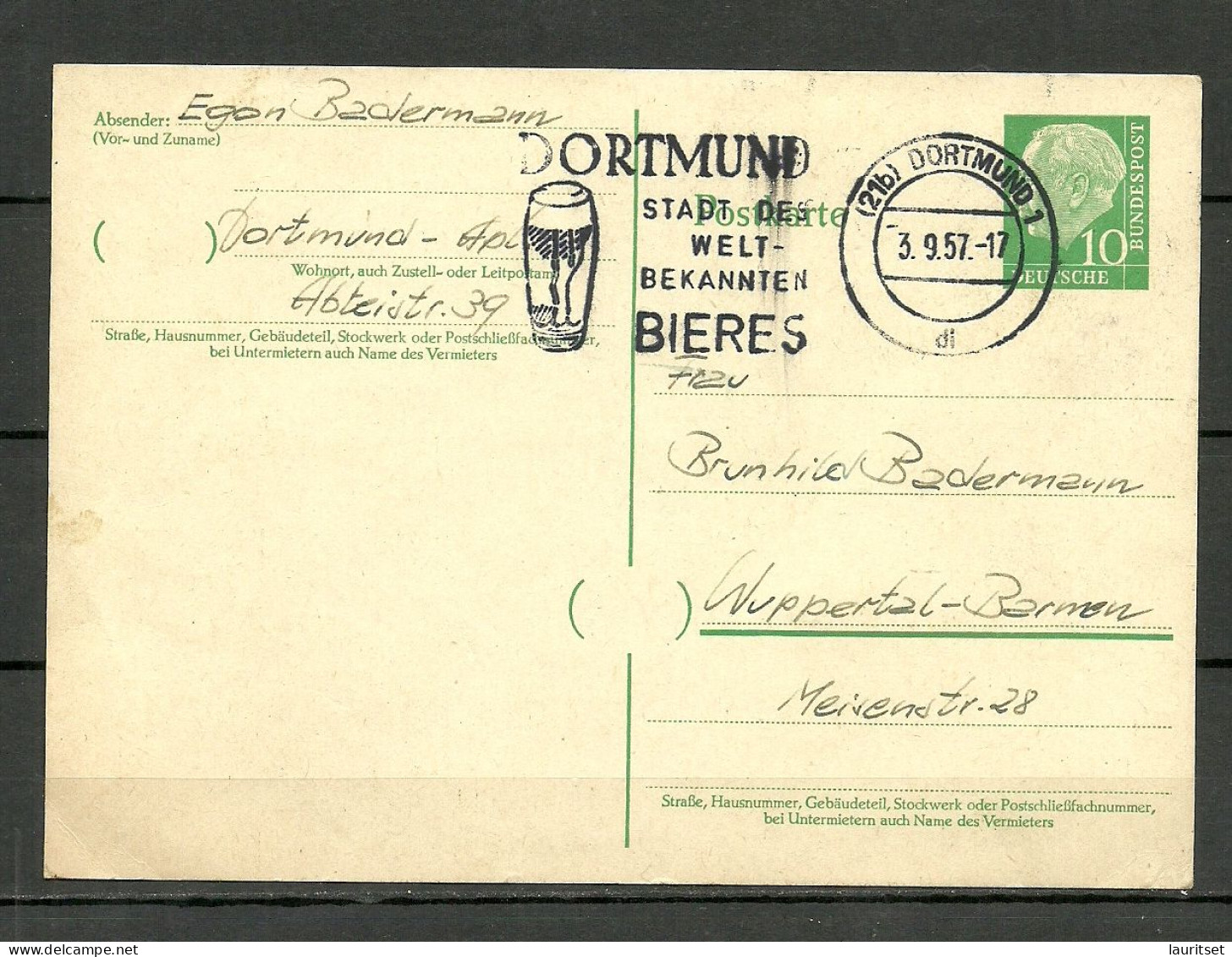 Deutschland BRD 1957 O Ganzsache Mit Werbestempel - Dortmund - Stadt Der Weltbekannten Bieres - Cartes Postales - Oblitérées