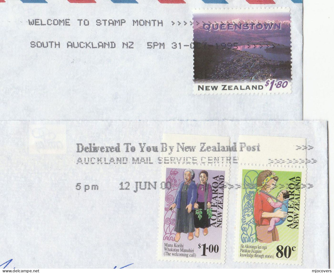 SLOGAN Covers STAMP MONTH & DELIVERED BY NZ POST New Zealand Multi AOTEORA Etc Stamps Air Mail To GB Cover 1995 -2000 - Brieven En Documenten