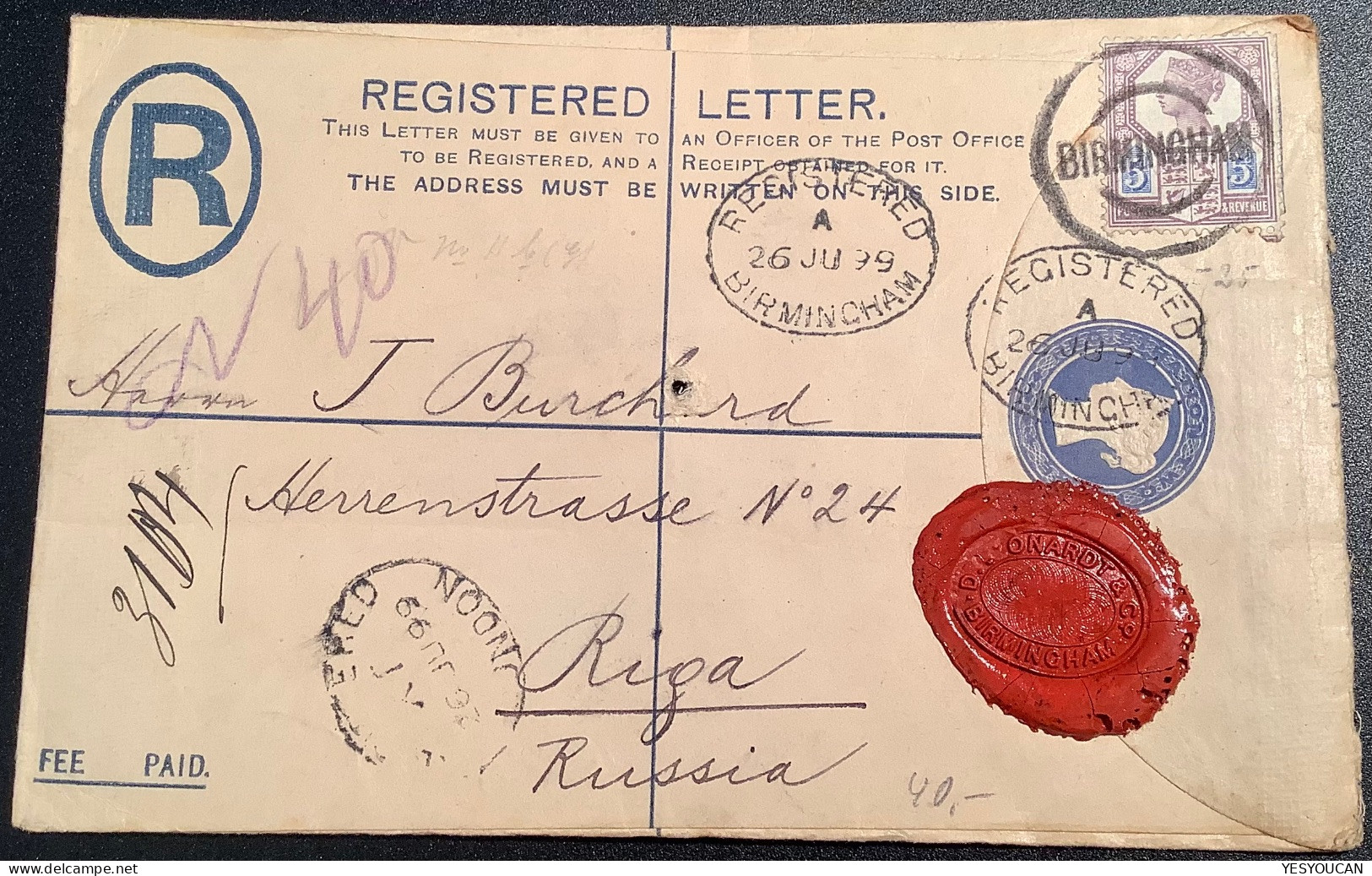 BIRMINGHAM 1899>RIGA, LATVIA-RUSSIA Cover ! GB Queen Victoria Jubilee Issue1887-1900 Postal Stationery Registered Letter - Lettres & Documents