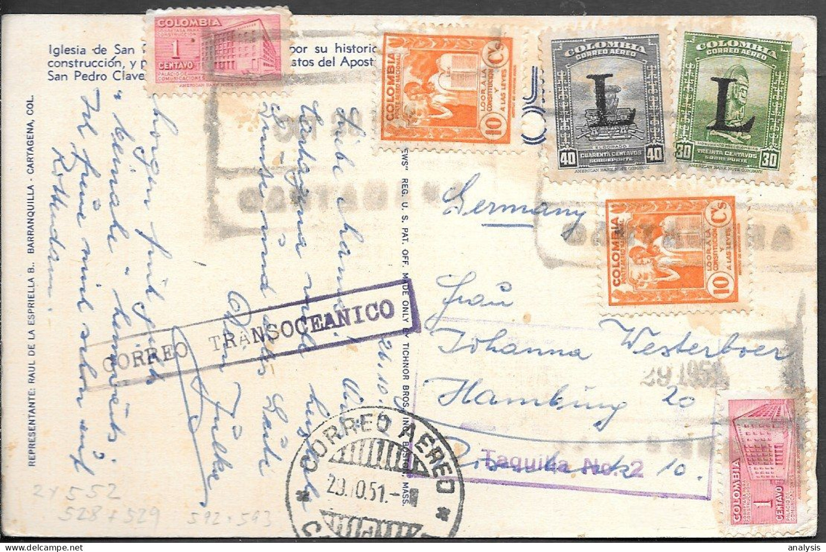 Colombia Cartagena Postcard Mailed To Germany 1951. 92c Rate - Colombia