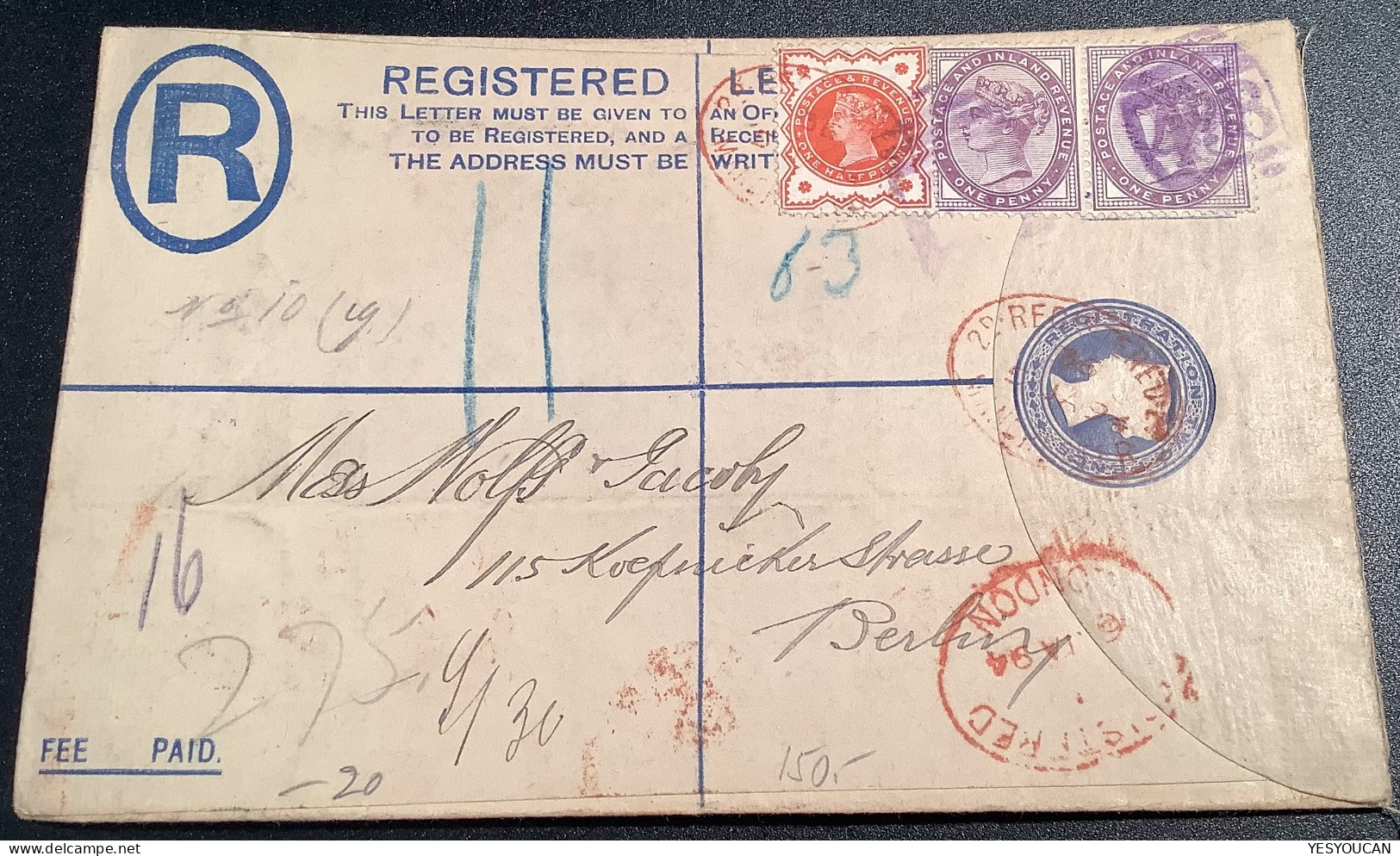 MANCHESTER VIOLET ! PMK 1894>BERLIN Cover ! GB Queen Victoria Jubilee+penny Lilac Postal Stationery Registered Letter - Storia Postale