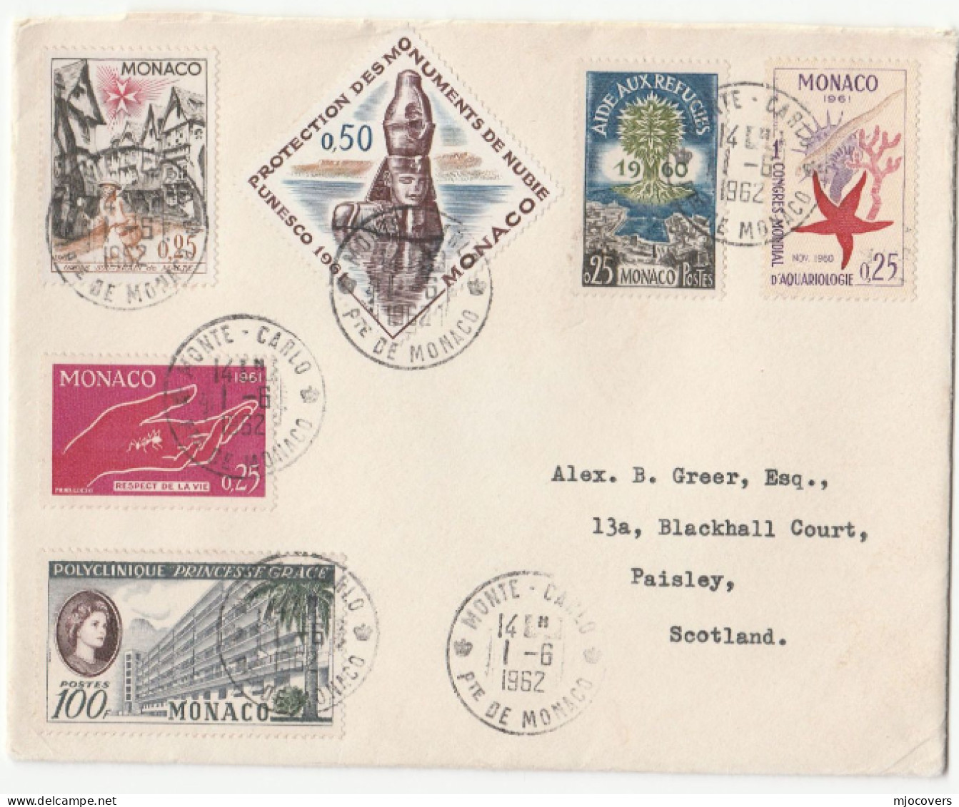 1962 Cover Multi Stamps MONACO To GB Fish Order Of Malta Hospital Insect Royalty Nubia Monuments Unesco Un - Lettres & Documents