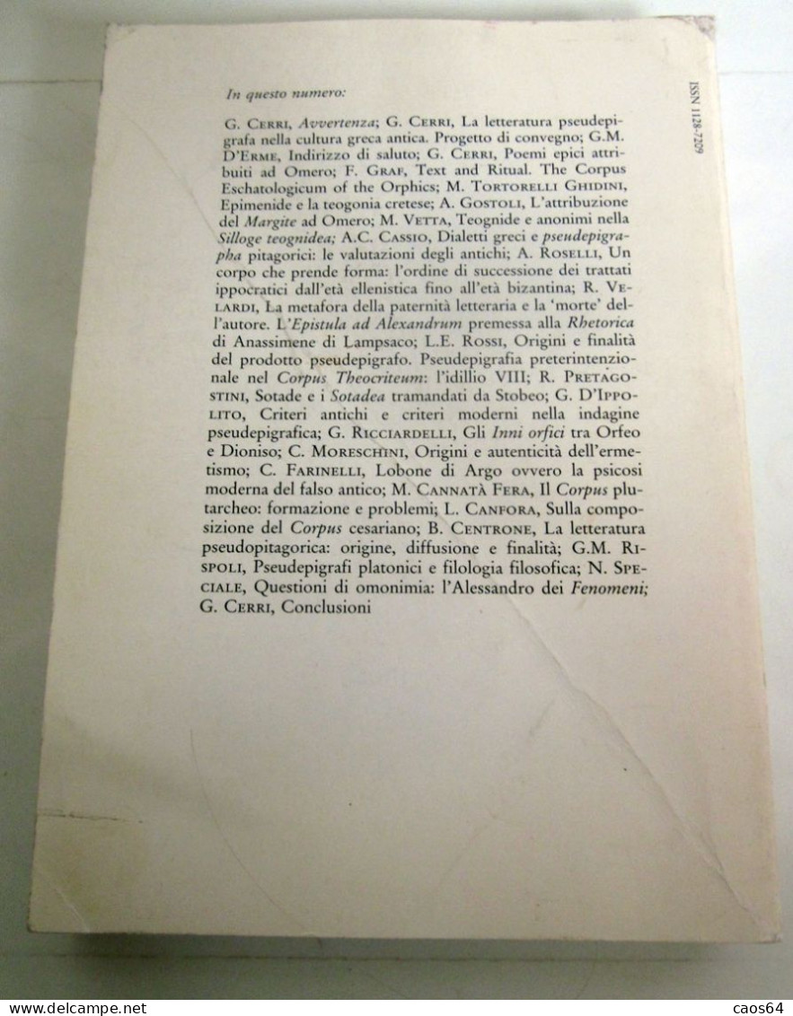 La Letteratura Pseudepigrafa Nella Cultura Greco Romana. G. Cerri Napoli 2000 AION - Antiquariat