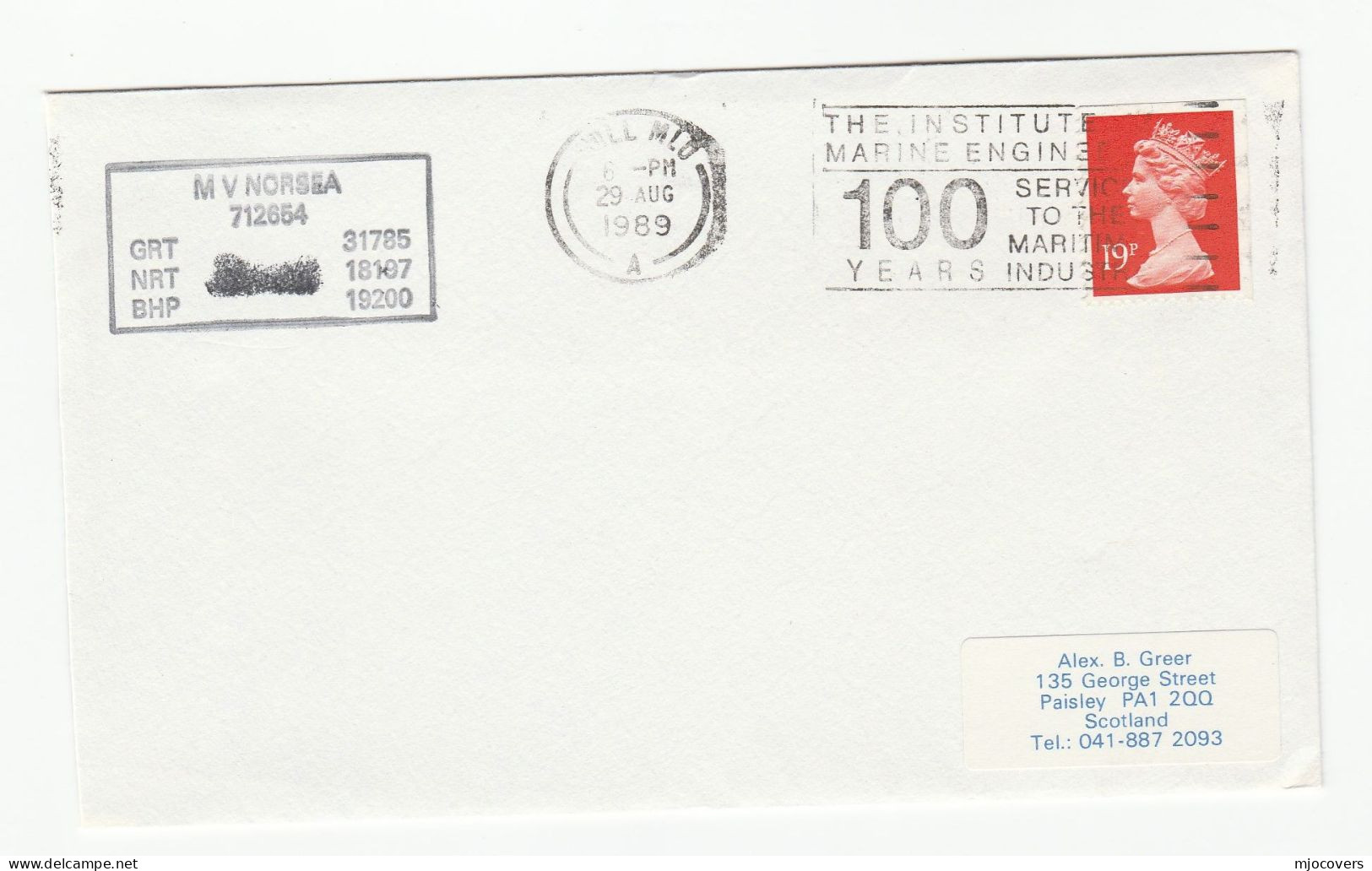 MARINE ENGINEER Inst ANNIV Slogan COVER 1989 Hull  GB Stamps Maritime Ship - Schiffe