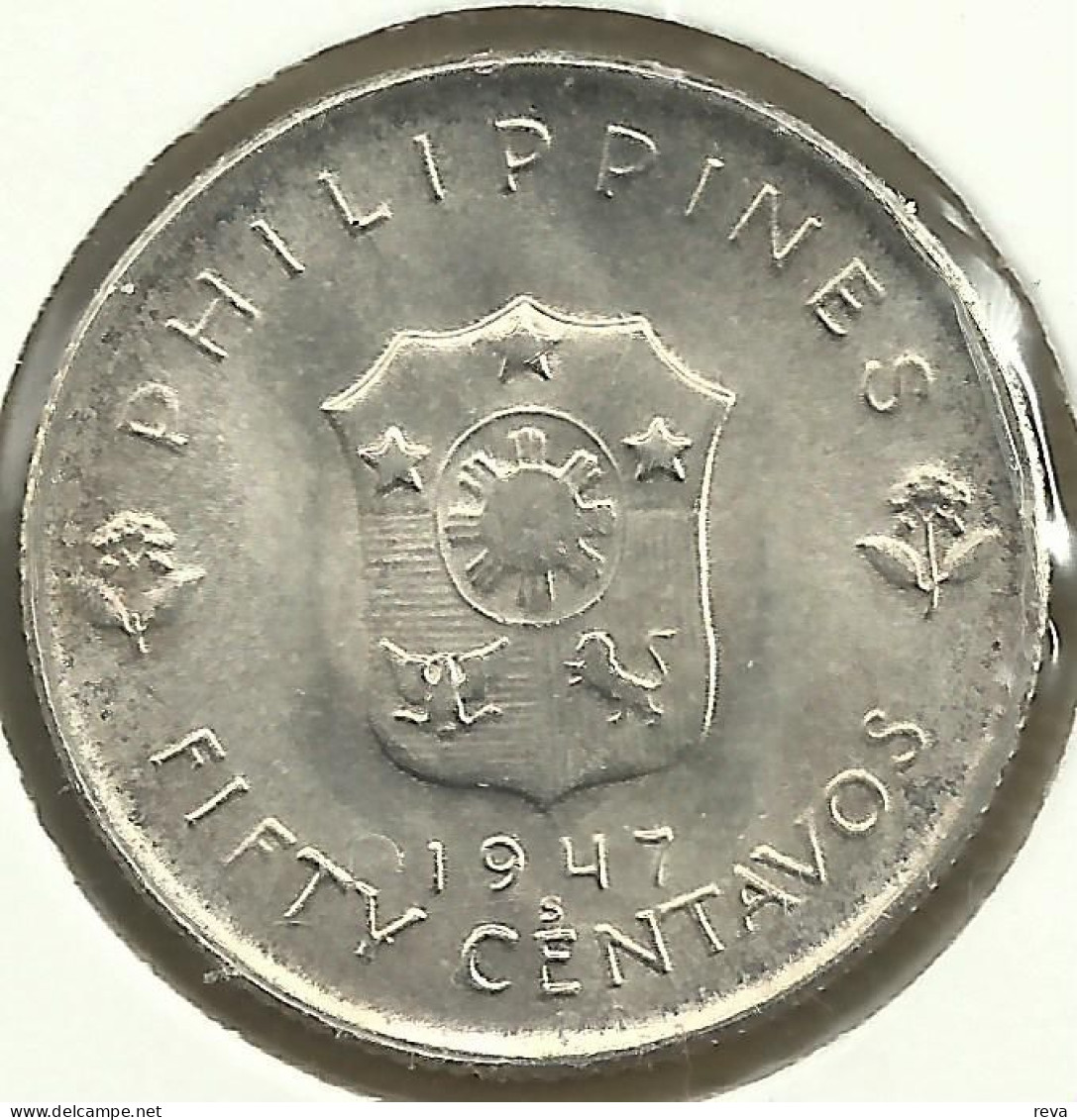 PHILIPPINES 50 CENTAVOS EMBLEM FRONT GEN. MACARTHUR LIBERATOR BACK 1947 UNC AG SILVER KM184 READ DESCRIPTION !! - Philippinen