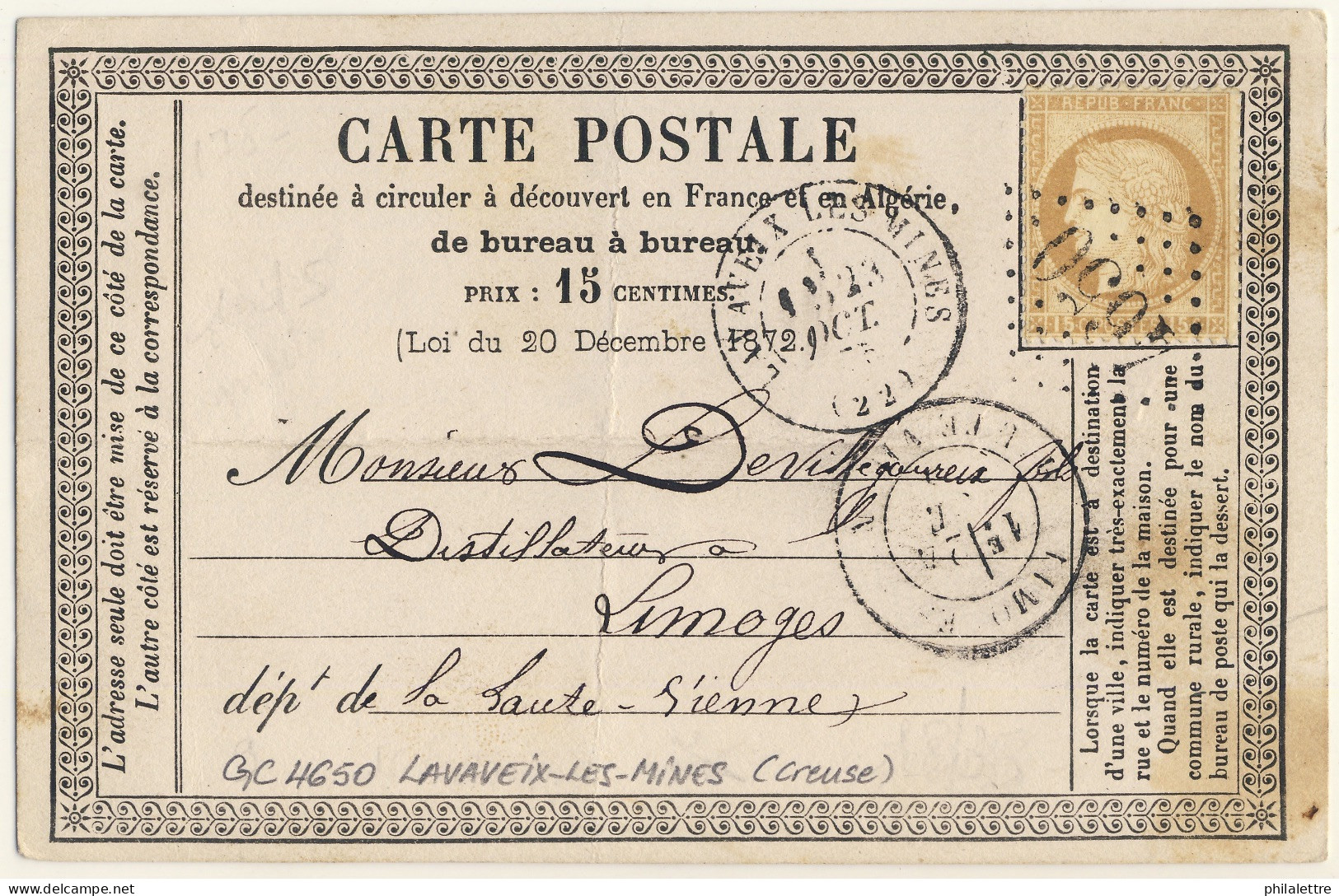 FRANCE - 1875 - Carte Précurseur De LAVAVEIX-LES-MINES (Ceuse) à Limoges - 1849-1876: Classic Period