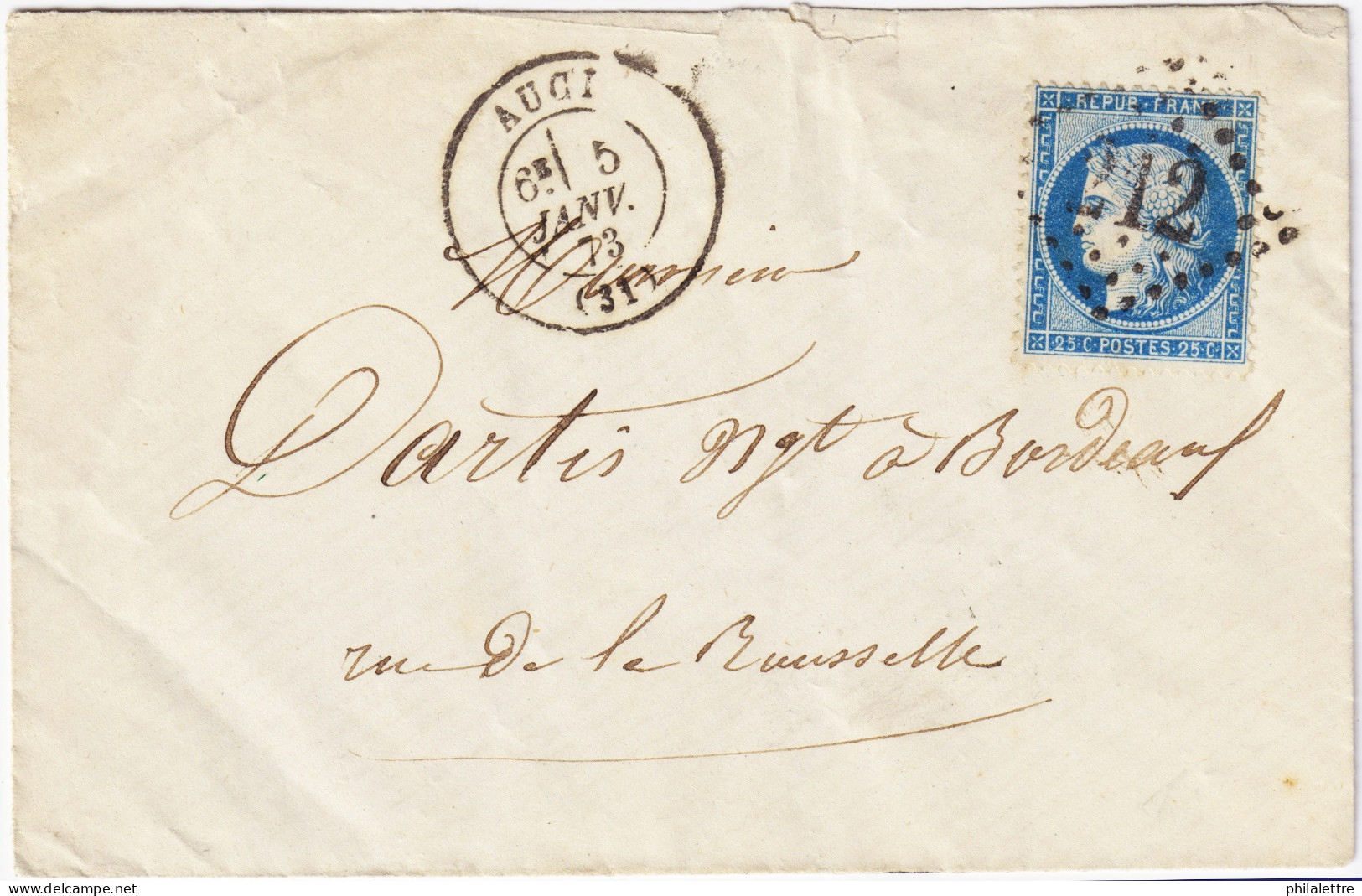 FRANCE - 1873 - Yv.60A Obl. GC 212 + TàD "AUCH / (31) " Sur LSC Pour Bordeaux - 1871-1875 Ceres