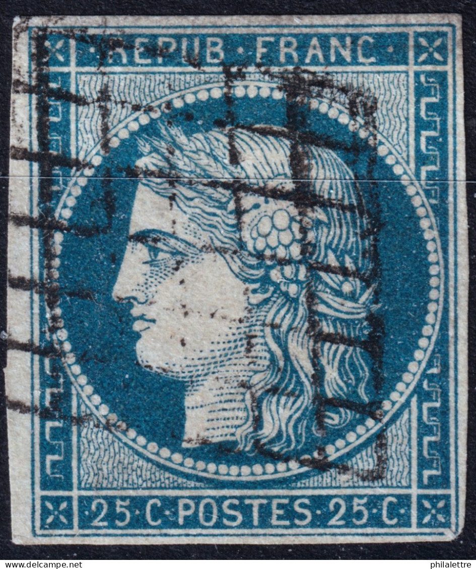 FRANCE - 1850 Yv.4 25c Bleu Cérès Oblitéré Grille - B (léger Pli, Marges Courtes Mais Filet Non Touché) - 1849-1850 Ceres