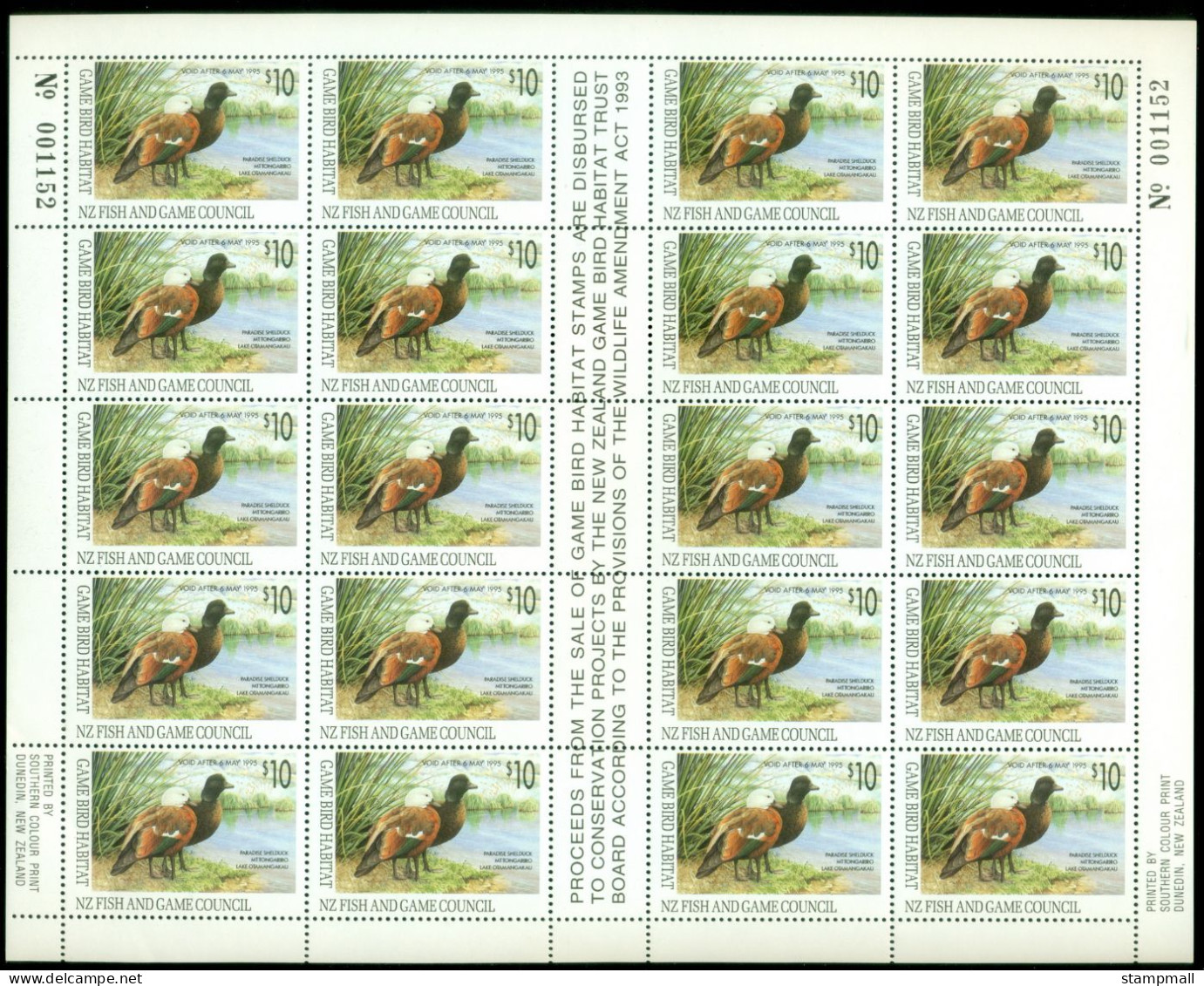 New Zealand 1995 NZ Fish & Game Council, Game Bird Habitat $10 Sheet 20  (NOT POSTage) Muh(xl) - Other & Unclassified