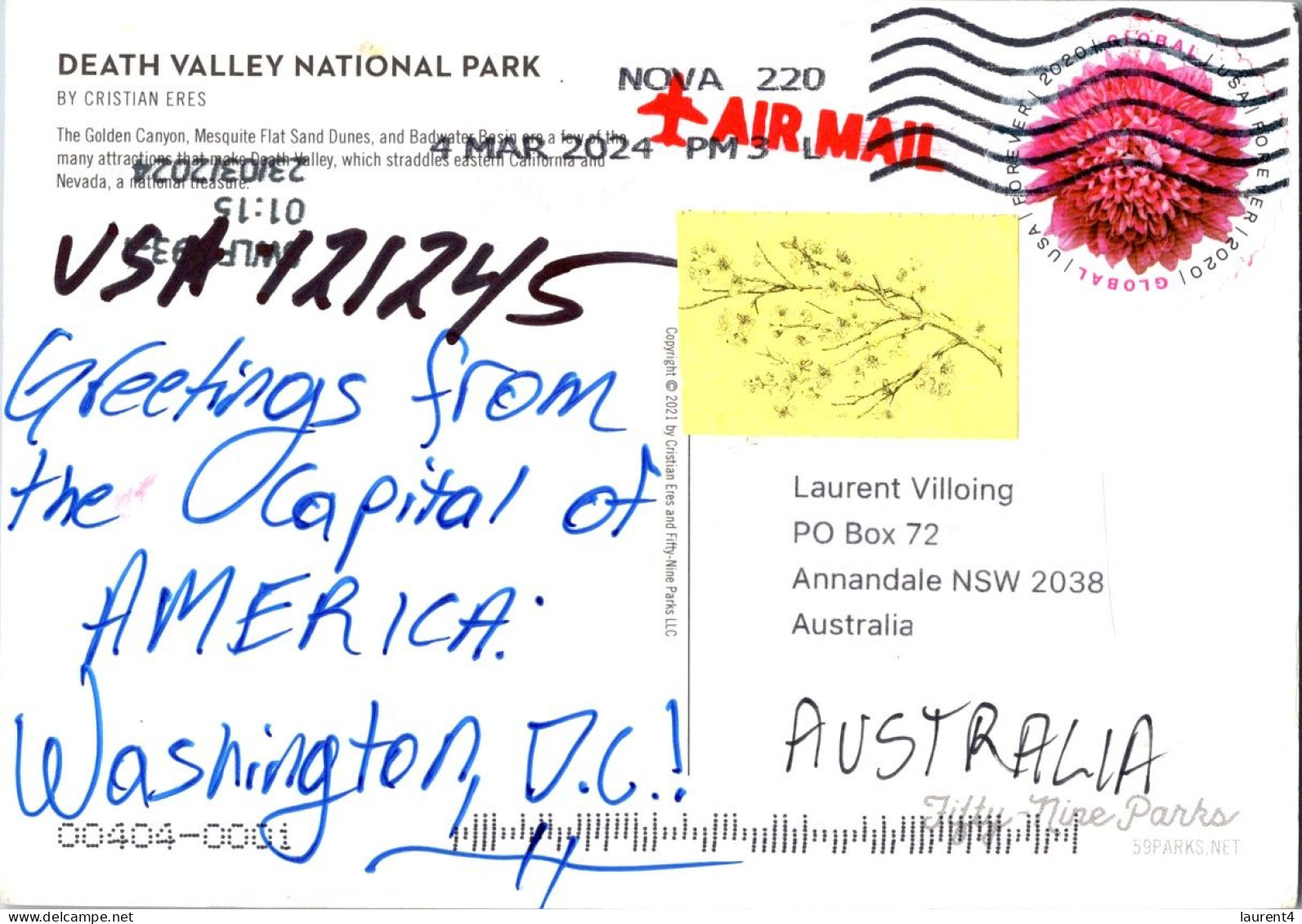 1-4-2024 (4 Y 36A) USA Postcard (posted To Australia 2024) Death Valley National Park - Otros & Sin Clasificación