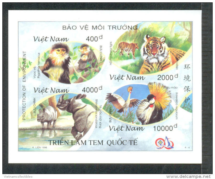 Vietnam Viet Nam MNH Imperf Sheetlet 1996 : WIld Animal / Rhino / Tiger / Crane / Bird / Monkey (Ms741) - Vietnam