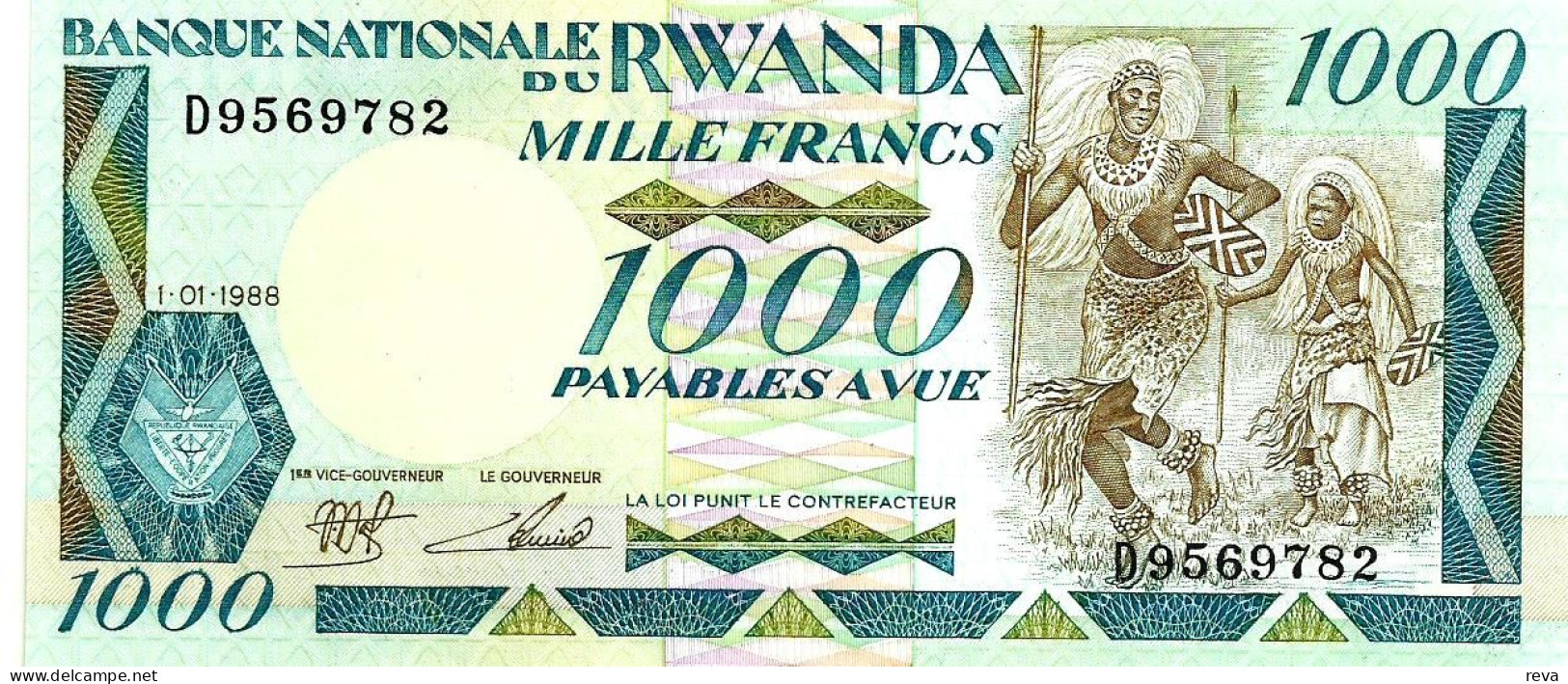 RWANDA 1000 FRANCS GREEN MAN FRONT GORILLA ANIMAL LANDSCAPE BACK DATED 01-01-1988 UNC P.21a READ DESCRIPTION !! - Saint-Marin