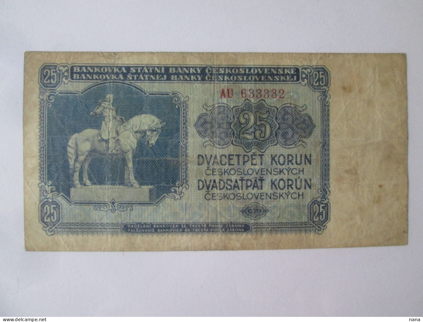 Rare! Czechoslovakia 25 Korun 1953 Banknote Series:633332,see Pictures - Czechoslovakia