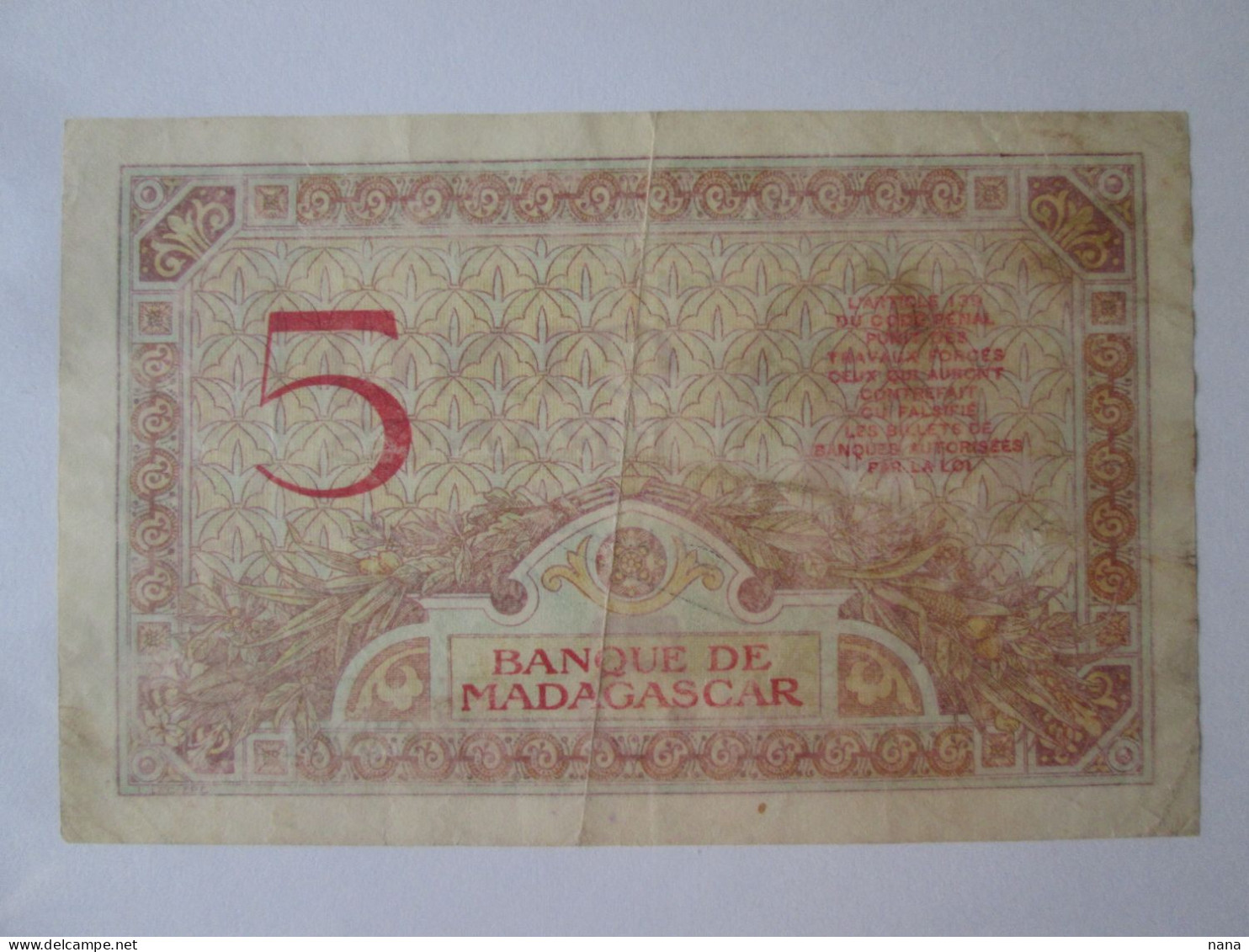 Madagascar 5 Francs 1937 Banknote,see Pictures - Madagascar