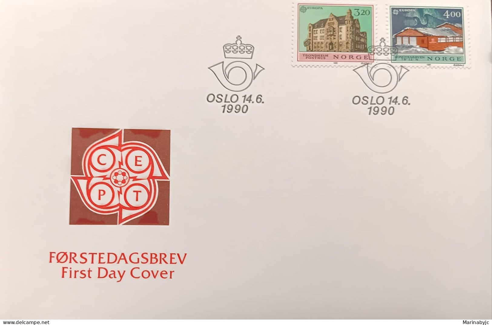 D)1990, NORWAY, FIRST DAY COVER, ISSUE, "EUROPA", POST OFFICES, TRONDHEIM, LONGYEARBYEN, FDC - Nuevos