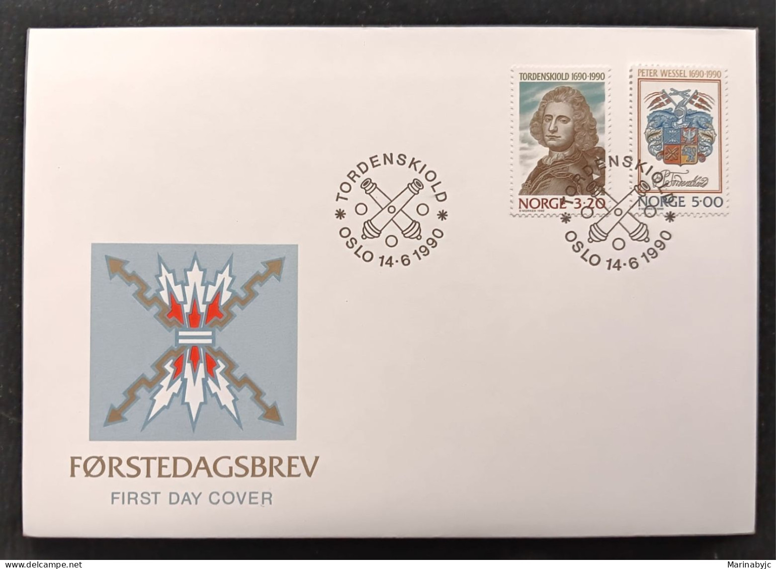 D)1990, NORWAY, FIRST DAY COVER, ISSUE, III CENTENARY OF THE BIRTH OF ADMIRAL PETER WESSEL, 1690-1720, COAT OF ARMS, FDC - Neufs